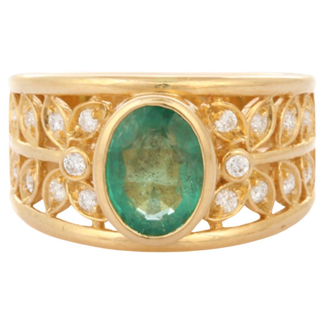 Einzigartiger klassischer filigraner Ehering mit Smaragd und Diamant aus 18 Karat Gelbgold 