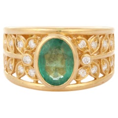 Einzigartiger klassischer filigraner Ehering mit Smaragd und Diamant aus 18 Karat Gelbgold 