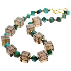 Unique Clear Smoky Quartz Cubes and Turquoise Necklace