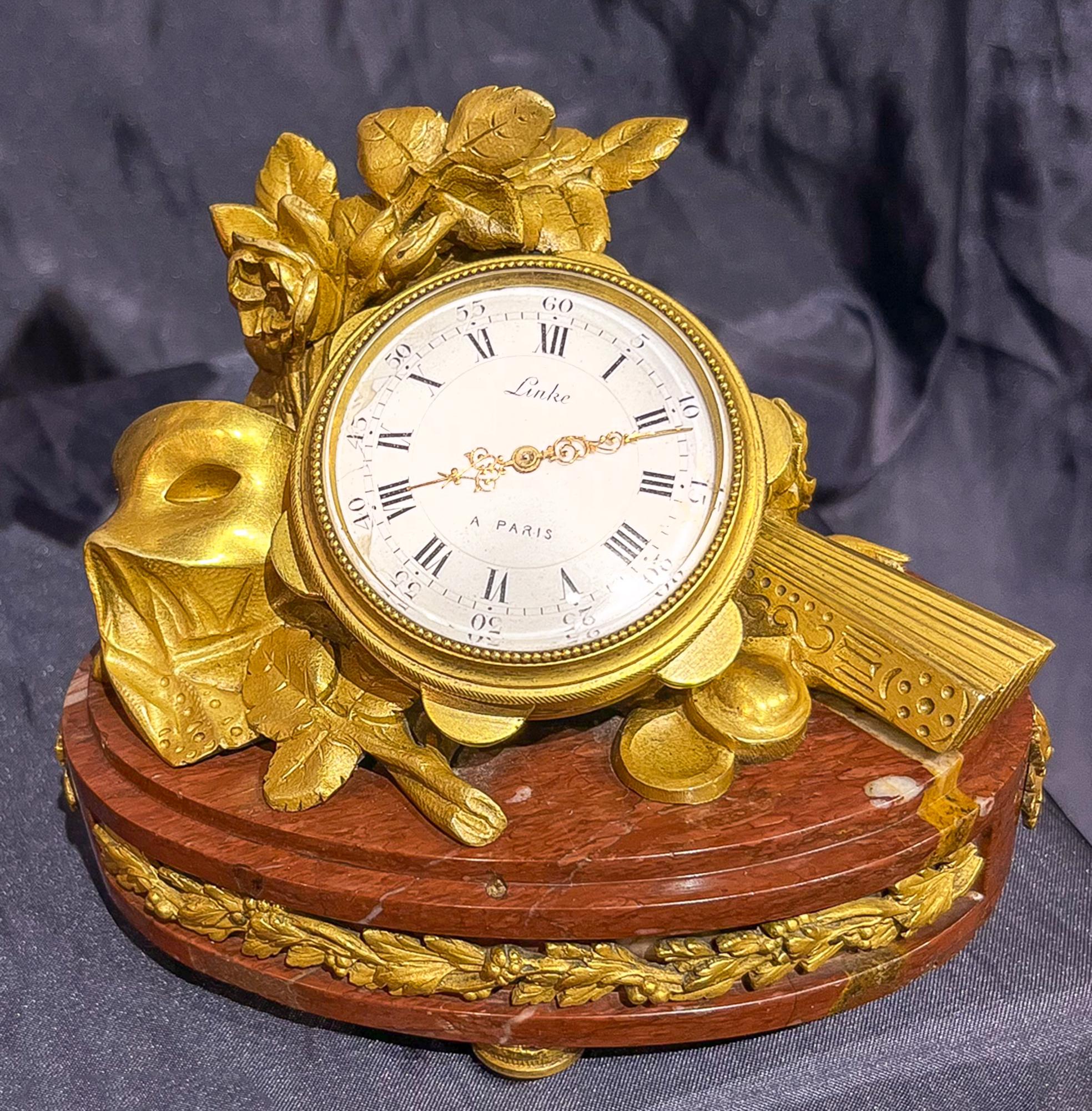 French Unique Clock by F Linke in Louis XVI Style with Gilt-Bronze and Rouge Marble