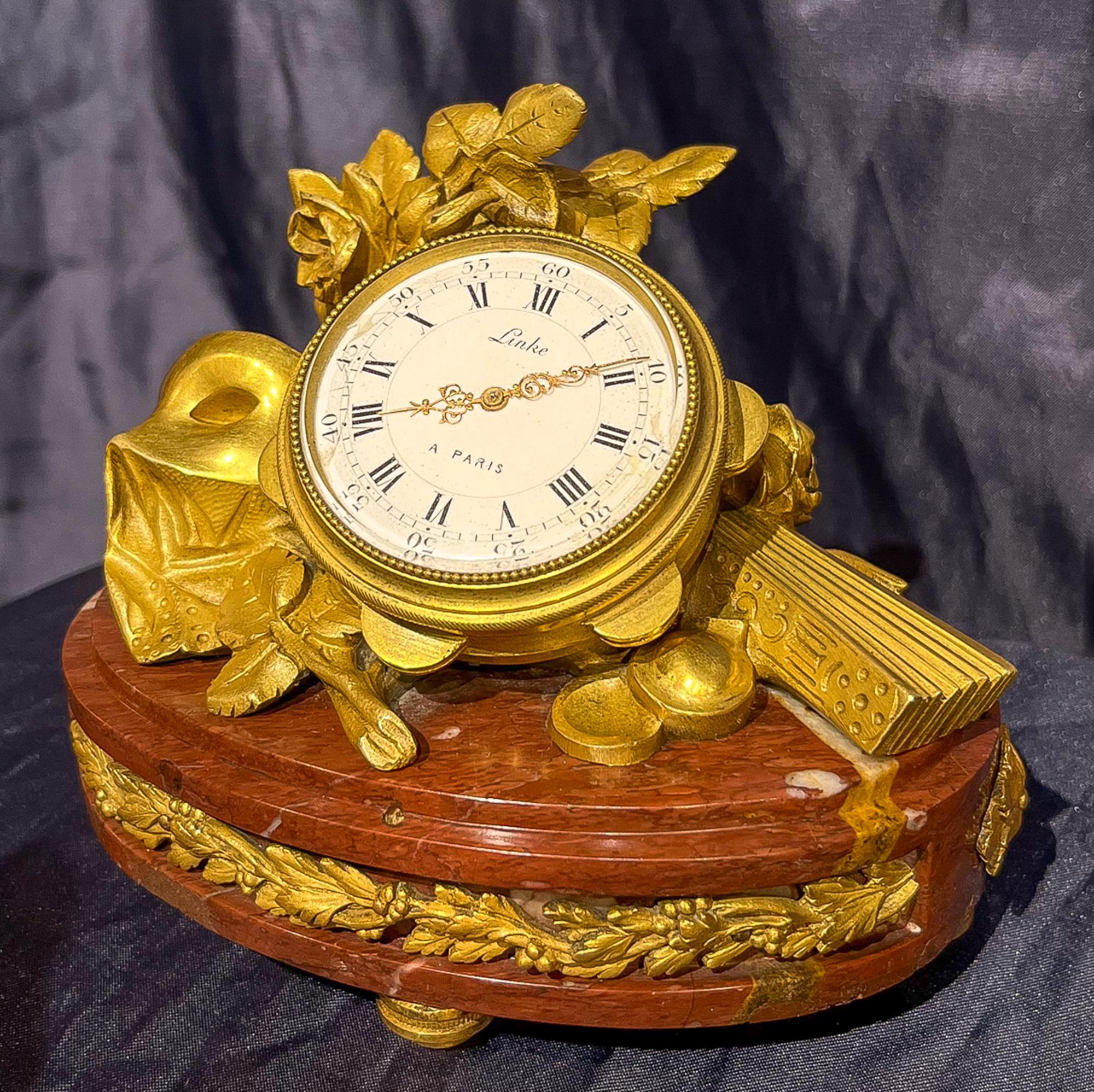 Unique Clock by F Linke in Louis XVI Style with Gilt-Bronze and Rouge Marble In Good Condition In New York, NY