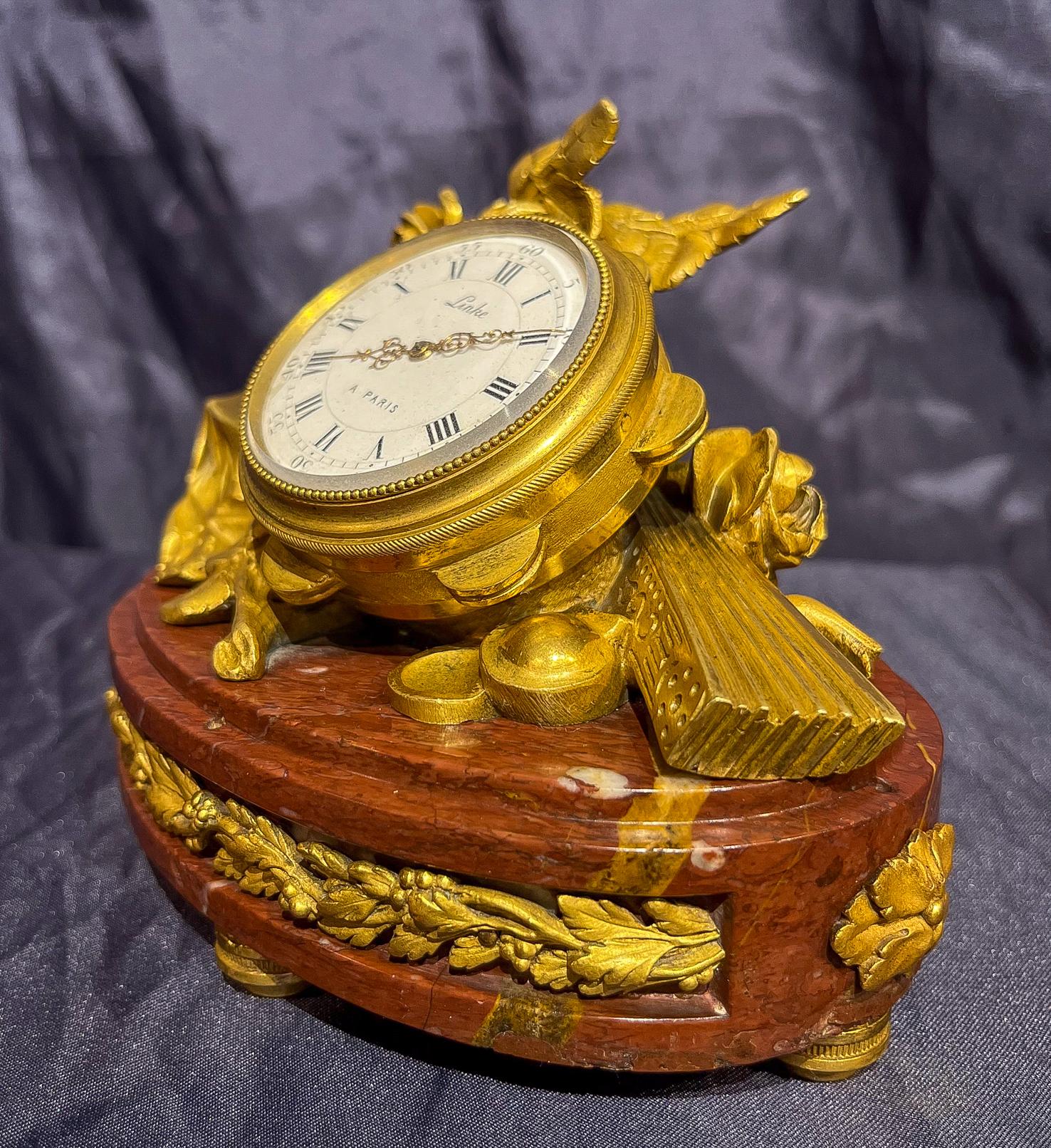 20th Century Unique Clock by F Linke in Louis XVI Style with Gilt-Bronze and Rouge Marble