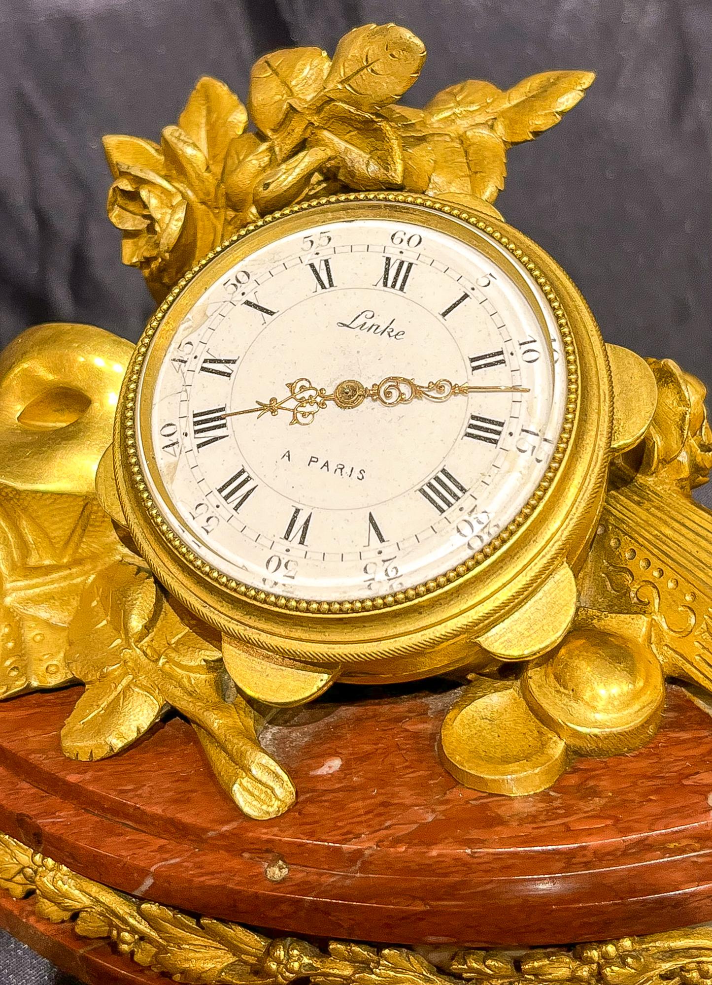 Unique Clock by F Linke in Louis XVI Style with Gilt-Bronze and Rouge Marble 3