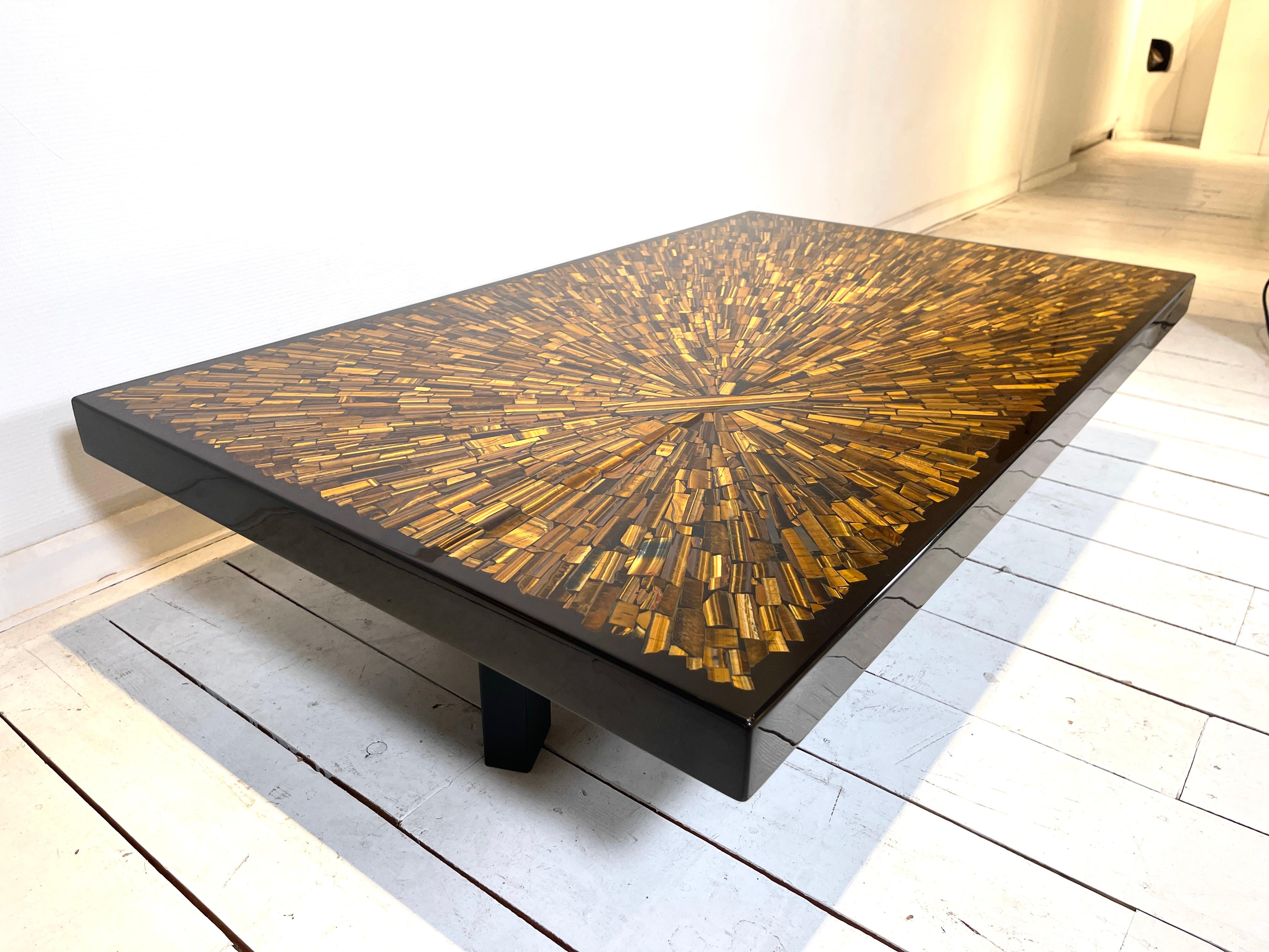 Mid-Century Modern Unique Coffee Table in Tiger eyes by Jean Claude Dresse. For Sale