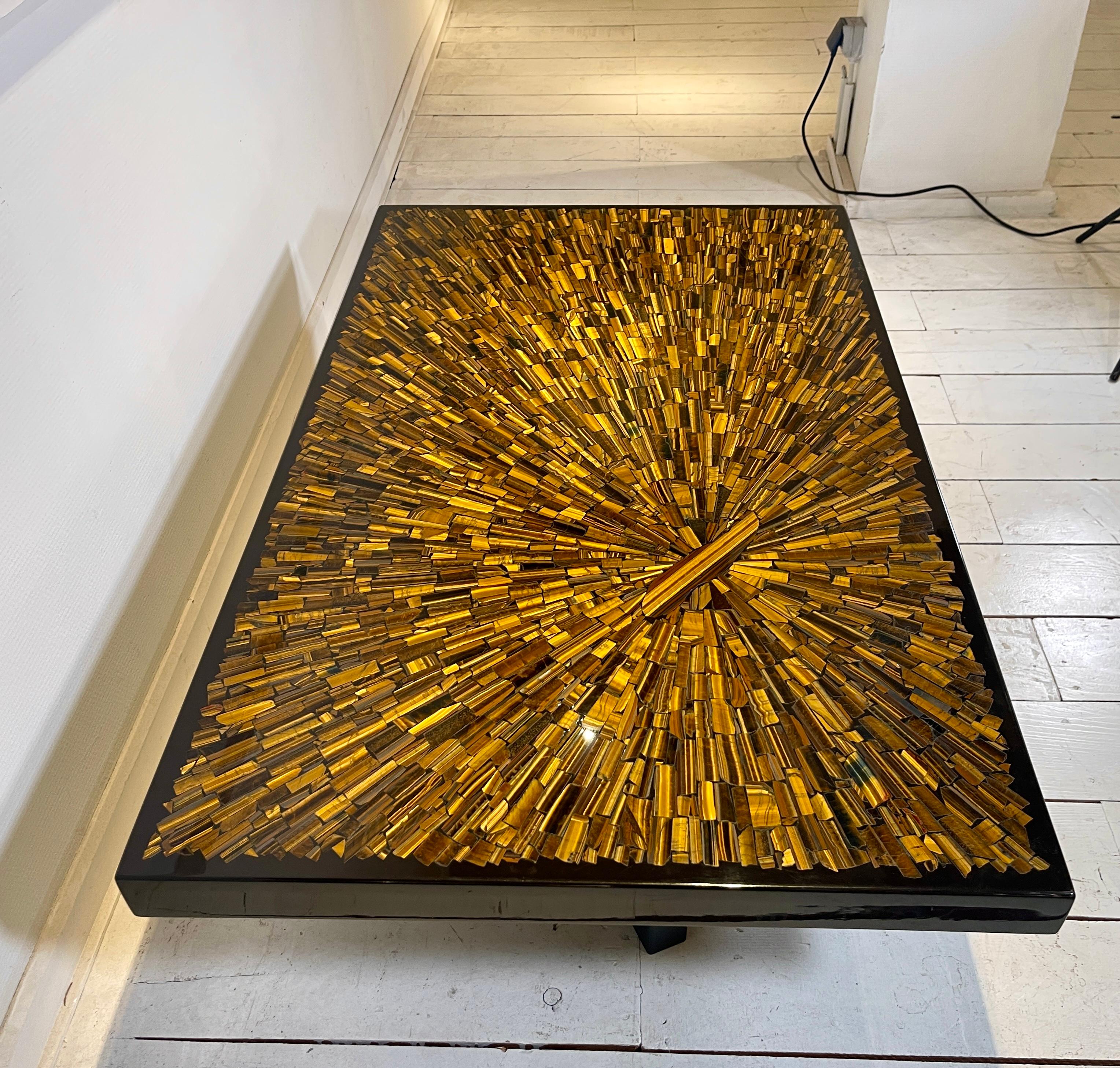 Belgian Unique Coffee Table in Tiger eyes by Jean Claude Dresse. For Sale