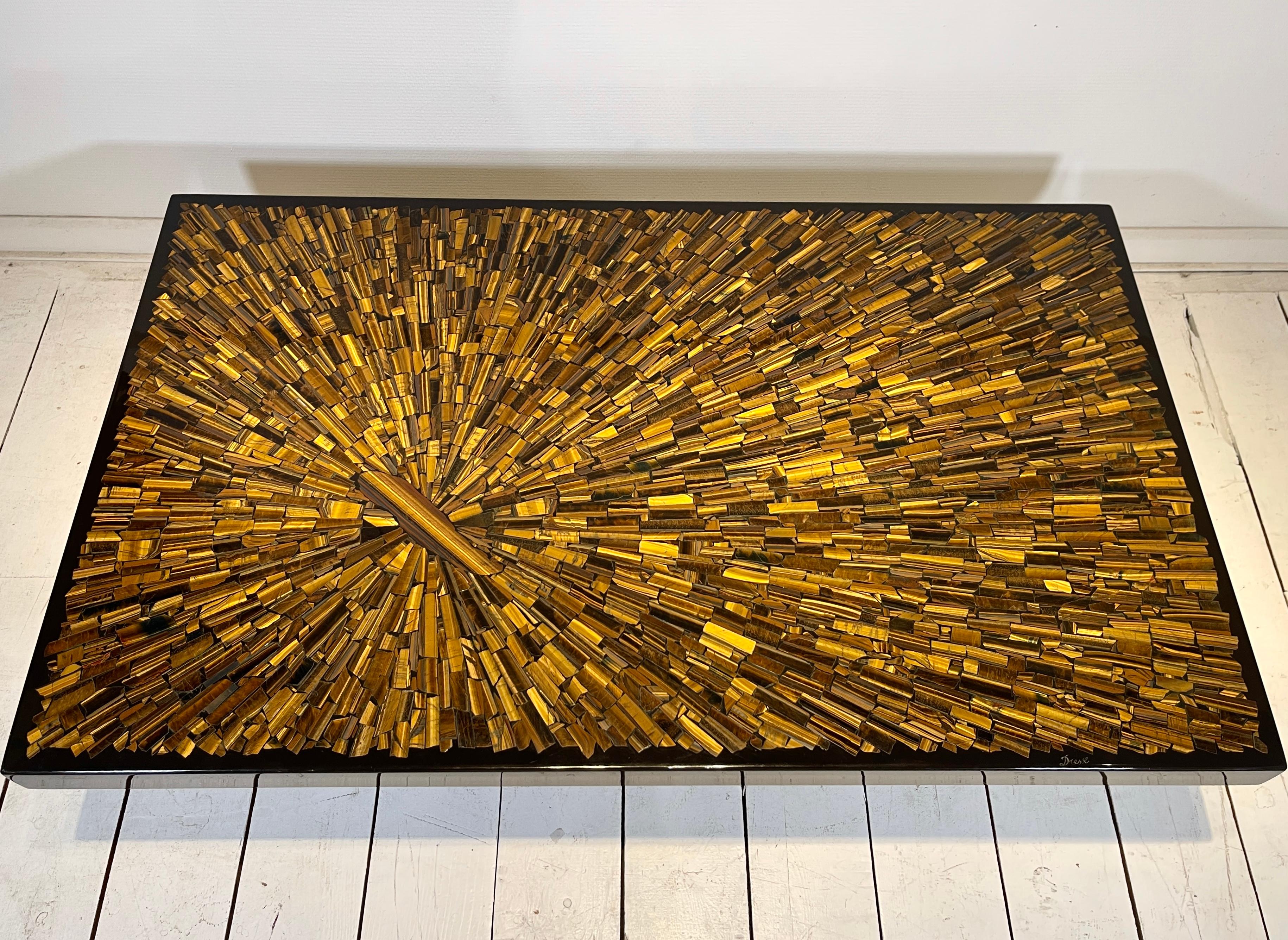 Unique Coffee Table in Tiger eyes by Jean Claude Dresse. In Excellent Condition For Sale In Brussels, BE