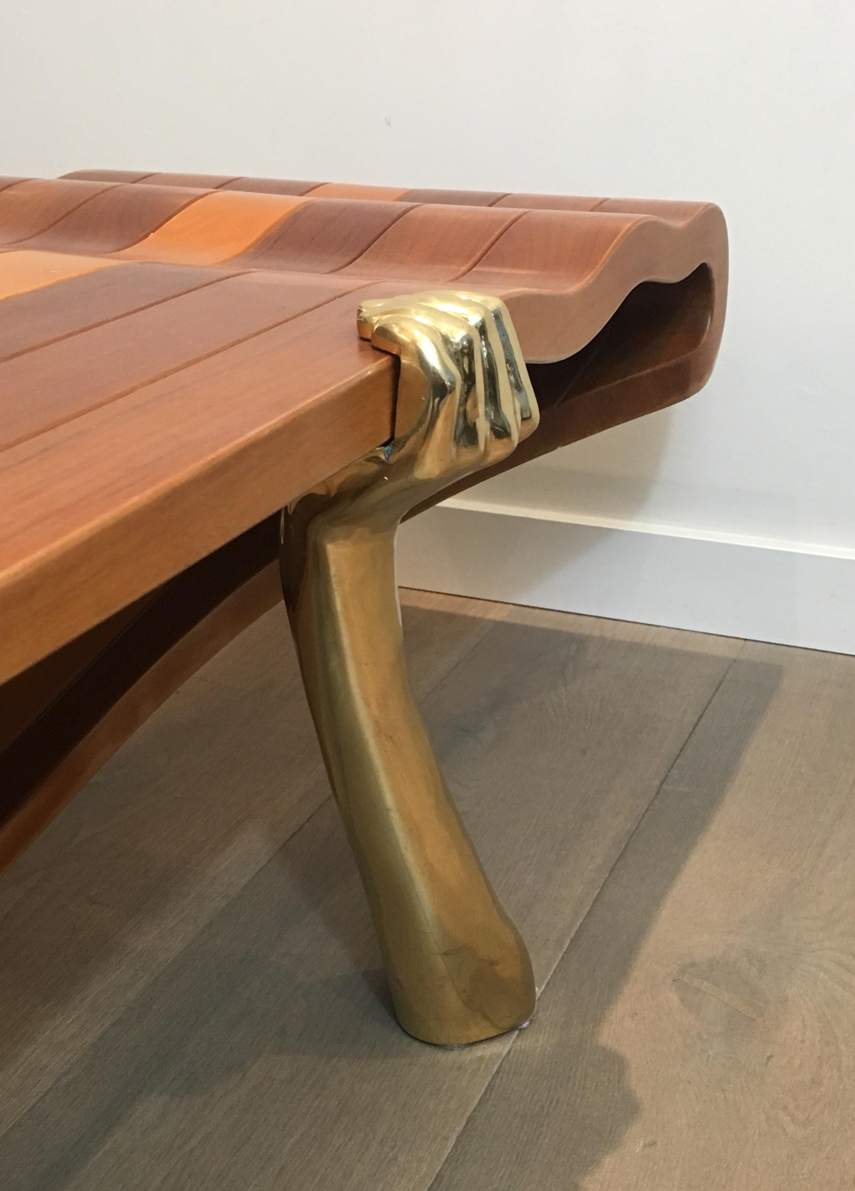 Unique Coffee Table Made of a Thick Freeform Wood Top Supported by Brass Arms For Sale 9