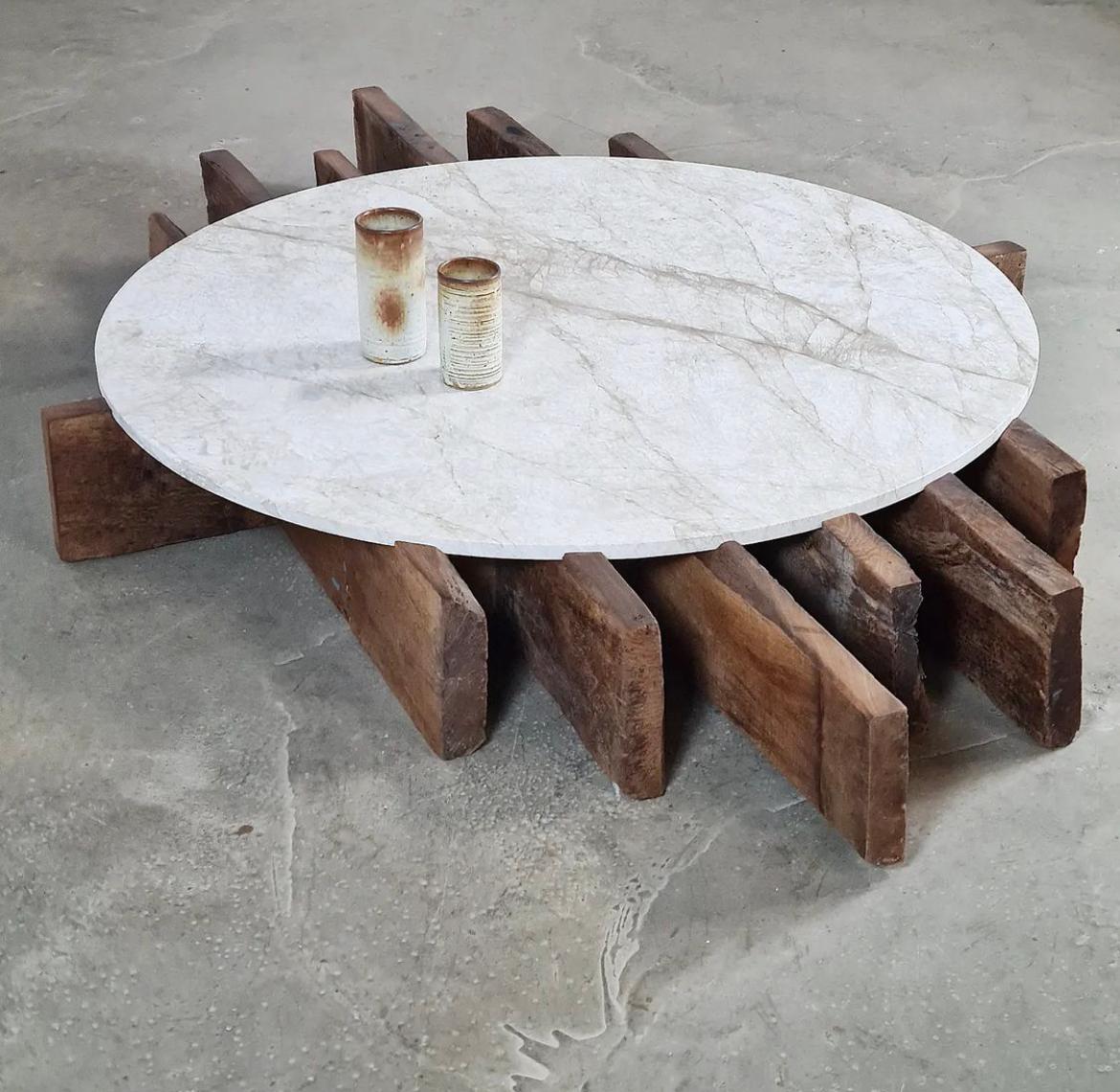 French Unique Coffee Table with 1970s Marble and 18th Century Wood from France