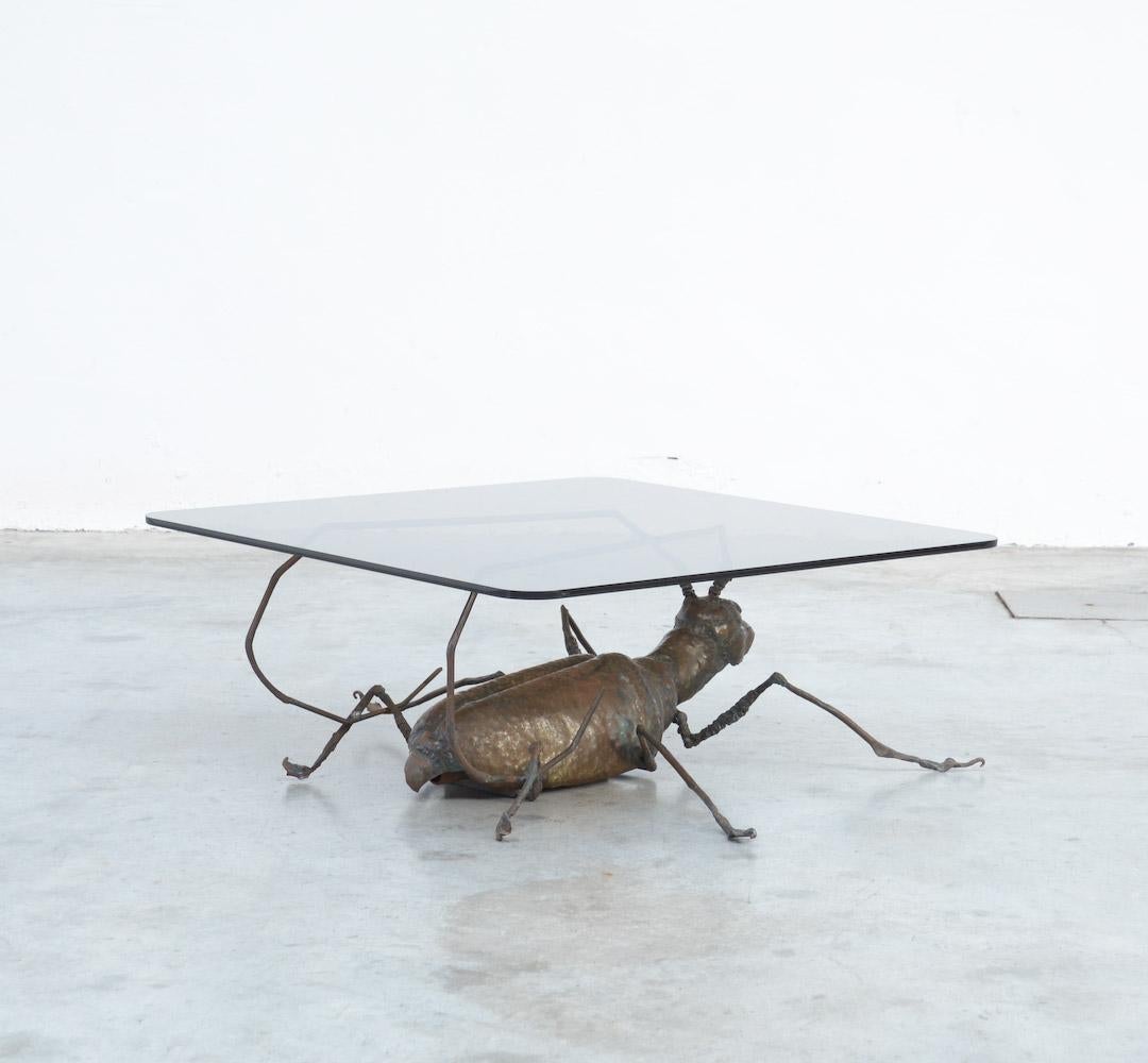 Modern Unique Coffee Table with a Handcrafted Metal Cricket Sculpture Base For Sale