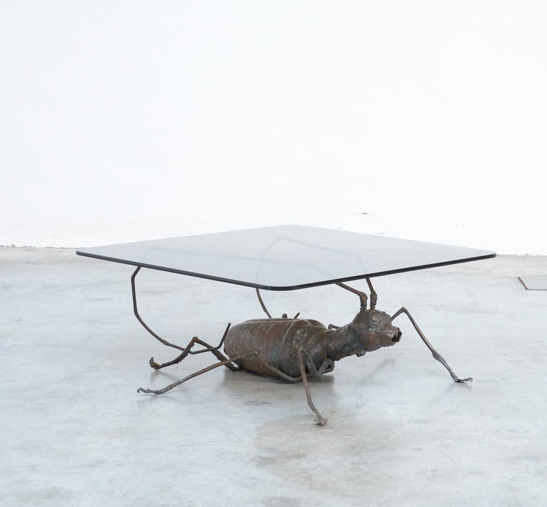 Belgian Unique Coffee Table with a Handcrafted Metal Cricket Sculpture Base For Sale