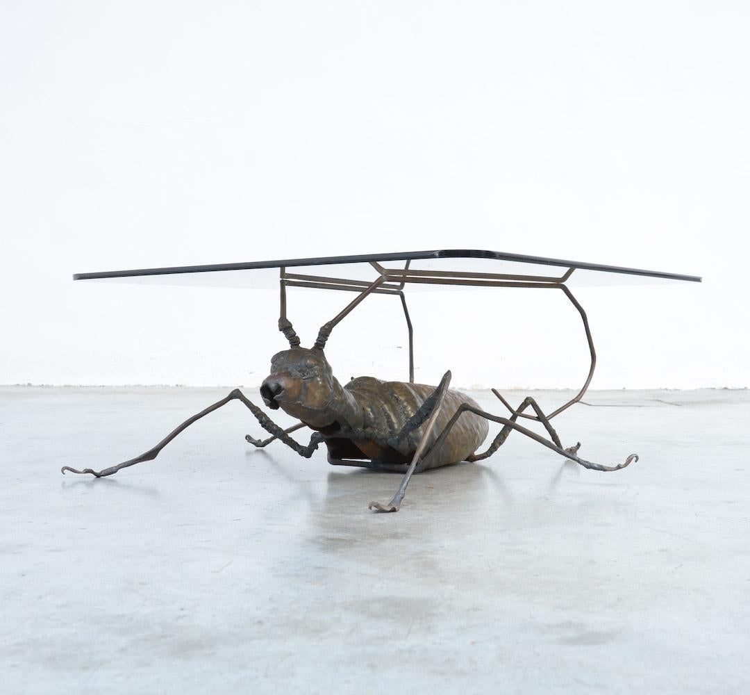 Unique Coffee Table with a Handcrafted Metal Cricket Sculpture Base In Good Condition For Sale In Vlimmeren, BE