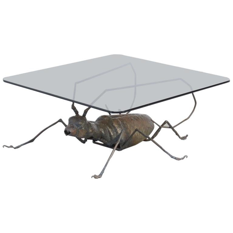 Unique Coffee Table with a Handcrafted Metal Cricket Sculpture Base For Sale