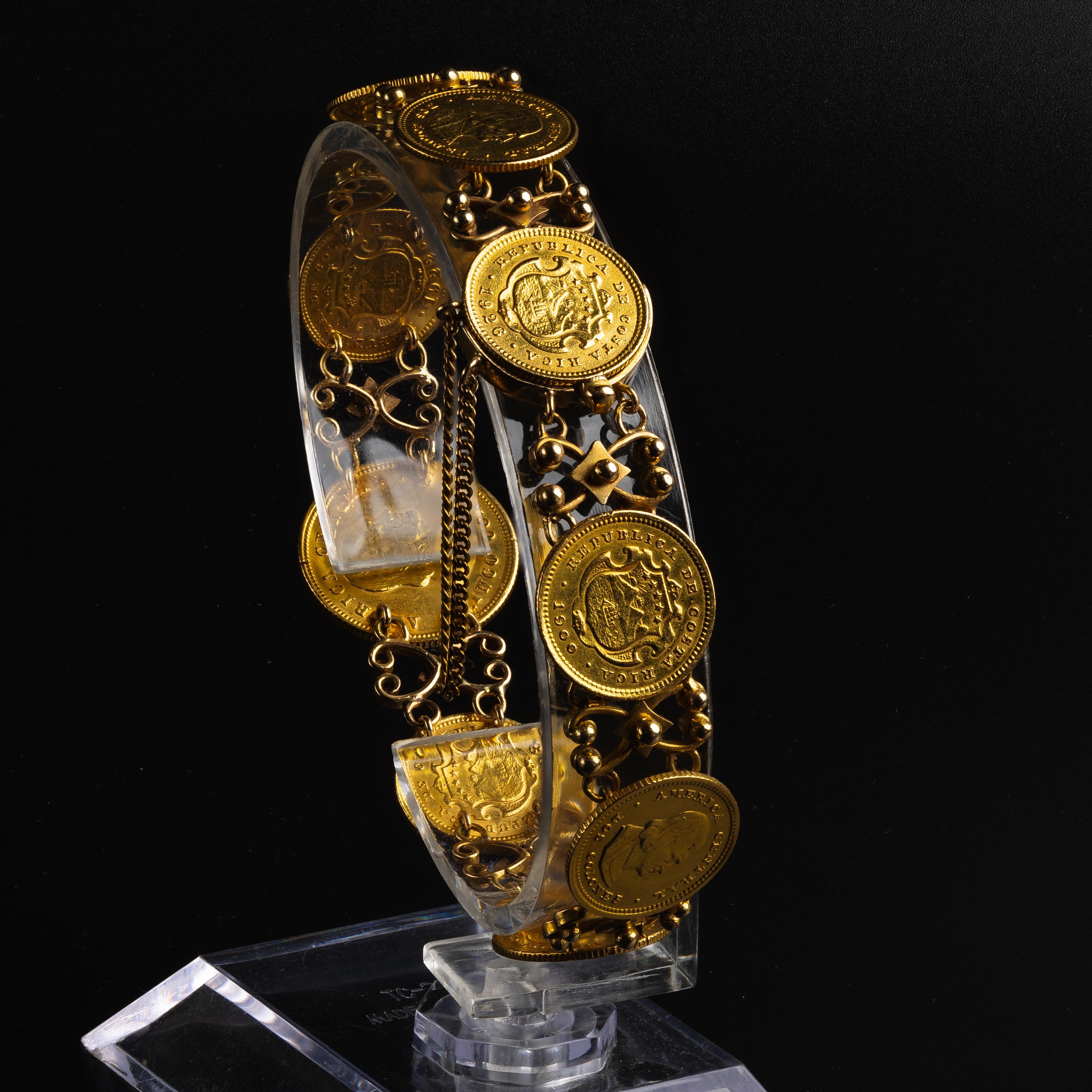 Bracelet unique en pièces de monnaie 90% or et or jaune 18k en vente 1