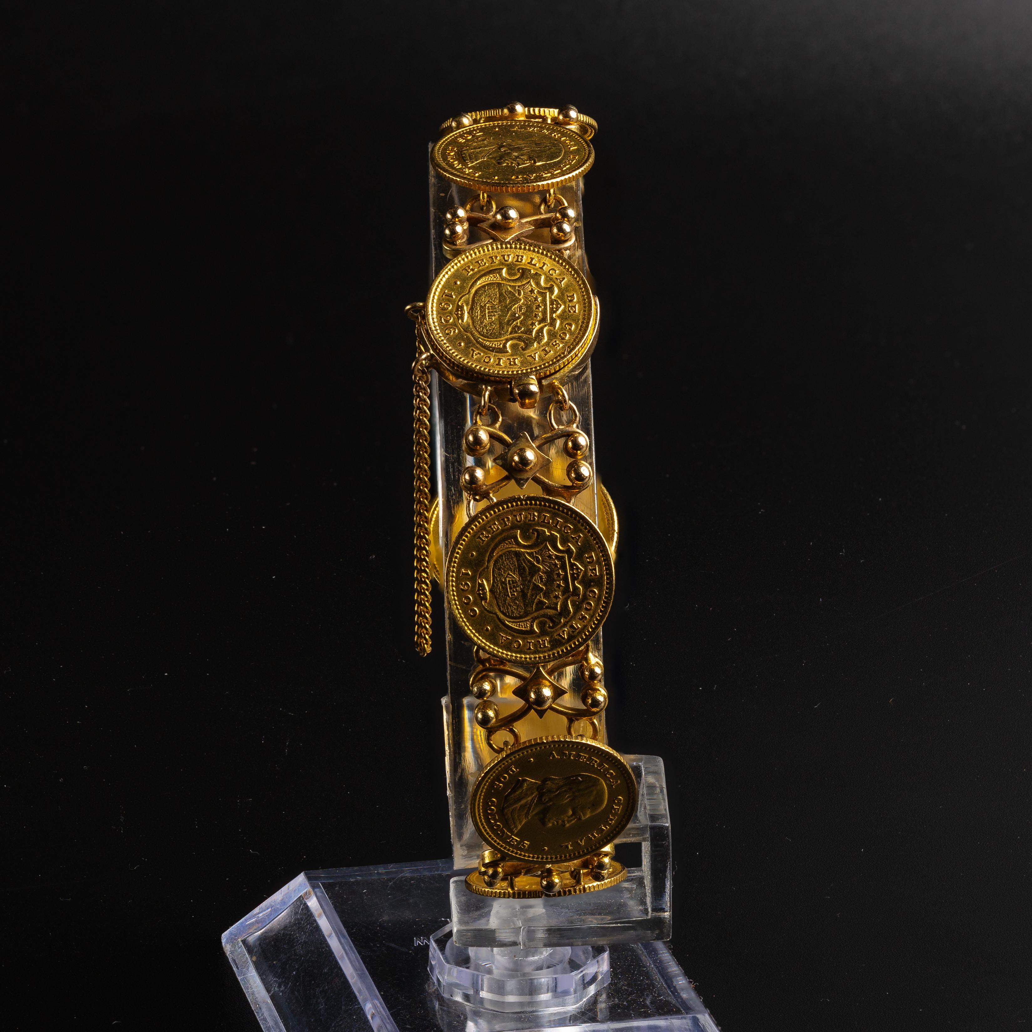 Bracelet unique en pièces de monnaie 90% or et or jaune 18k en vente 2