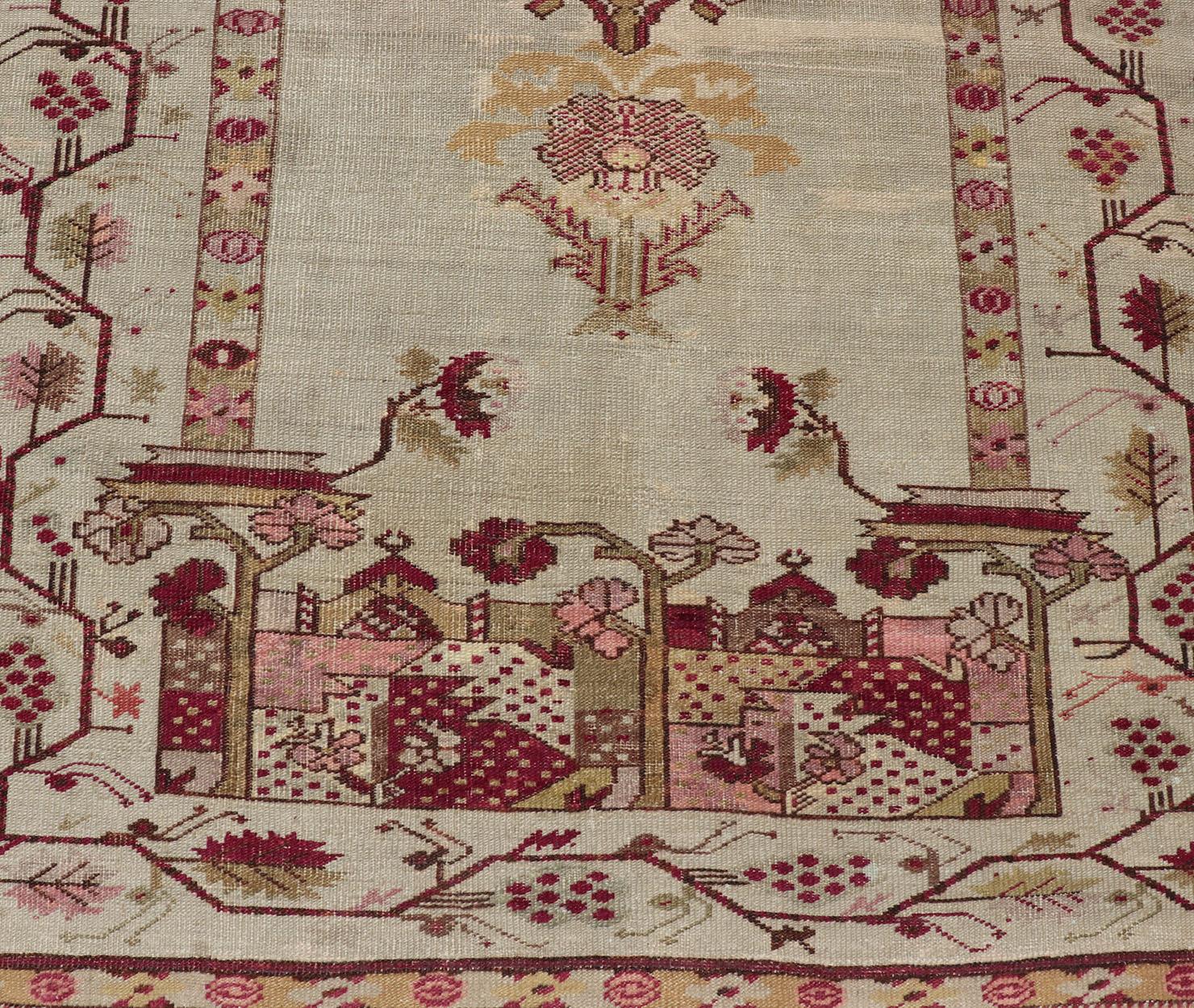 Hand-Knotted Late 19th Century Antique Oushak Rug with Columns, Chandelier & Vase Design For Sale
