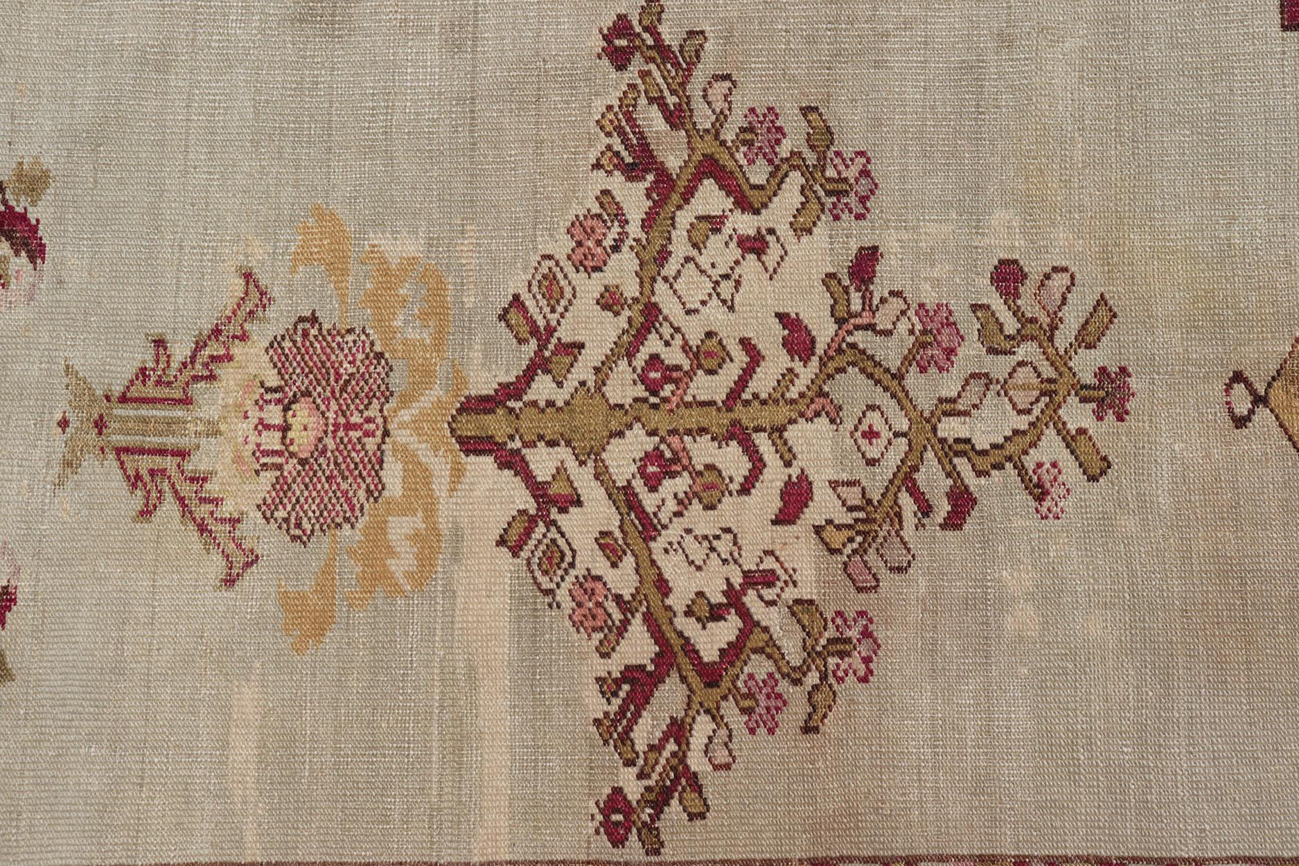 Wool Late 19th Century Antique Oushak Rug with Columns, Chandelier & Vase Design For Sale
