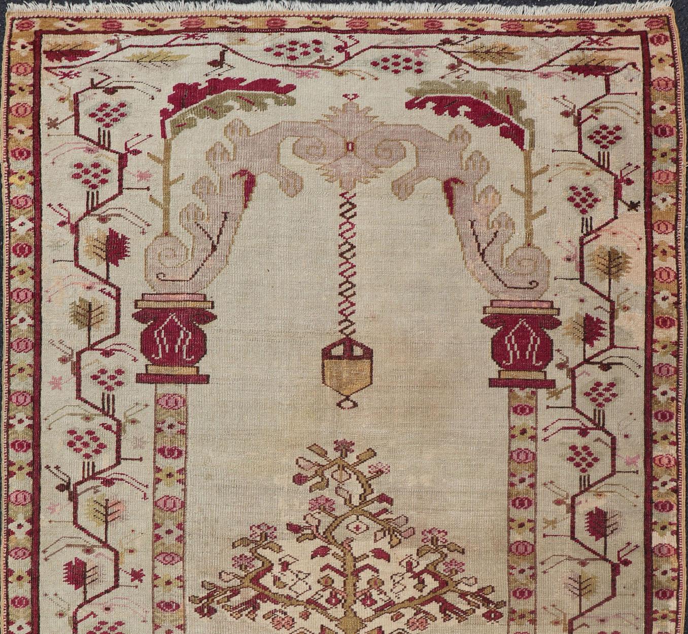 Late 19th Century Antique Oushak Rug with Columns, Chandelier & Vase Design For Sale 1