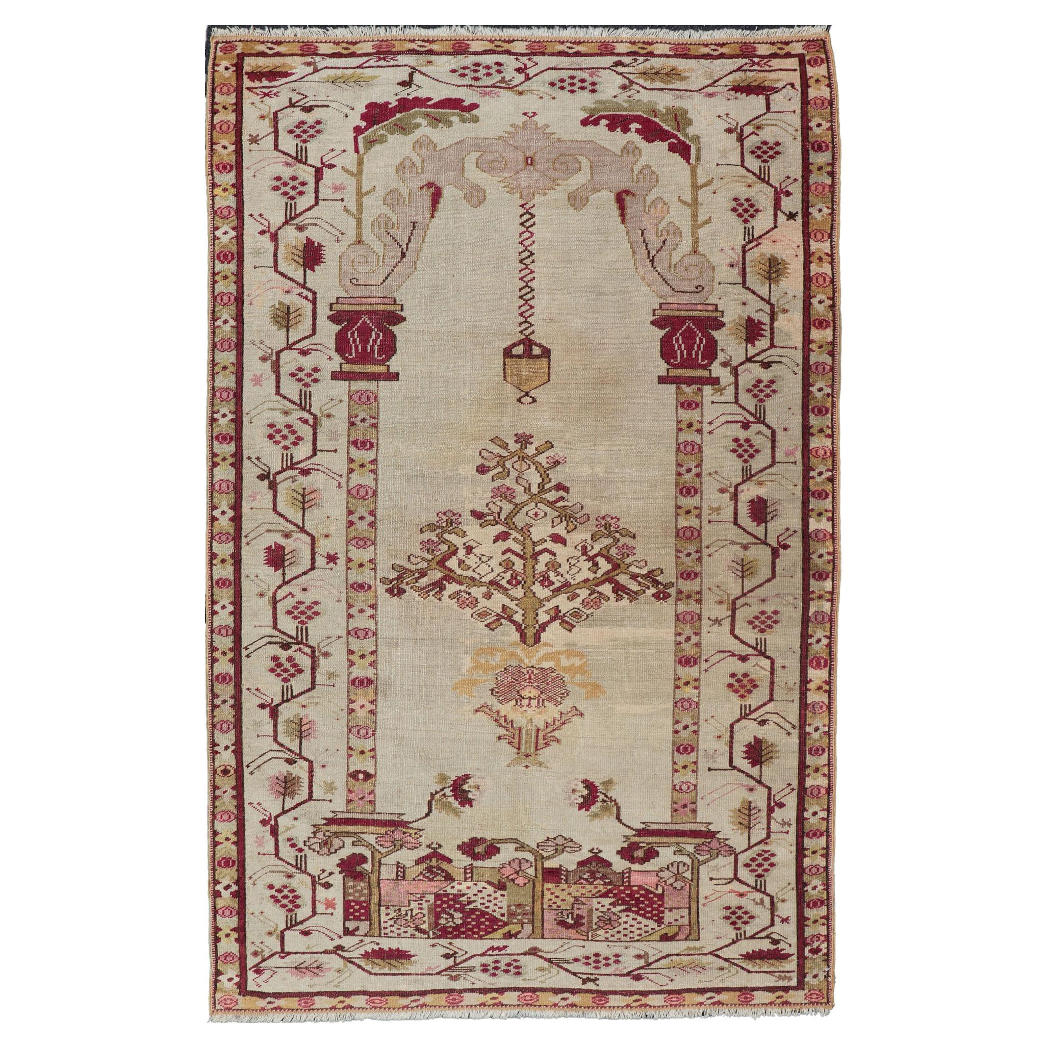 Late 19th Century Antique Oushak Rug with Columns, Chandelier & Vase Design For Sale