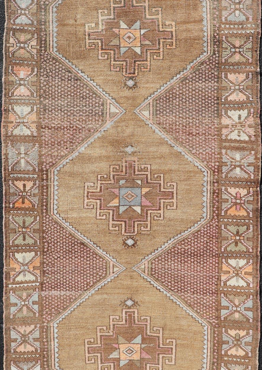 Oushak Unique & Colorful Turkish Kars Runner with Tribal Designs and Geometric Motifs For Sale