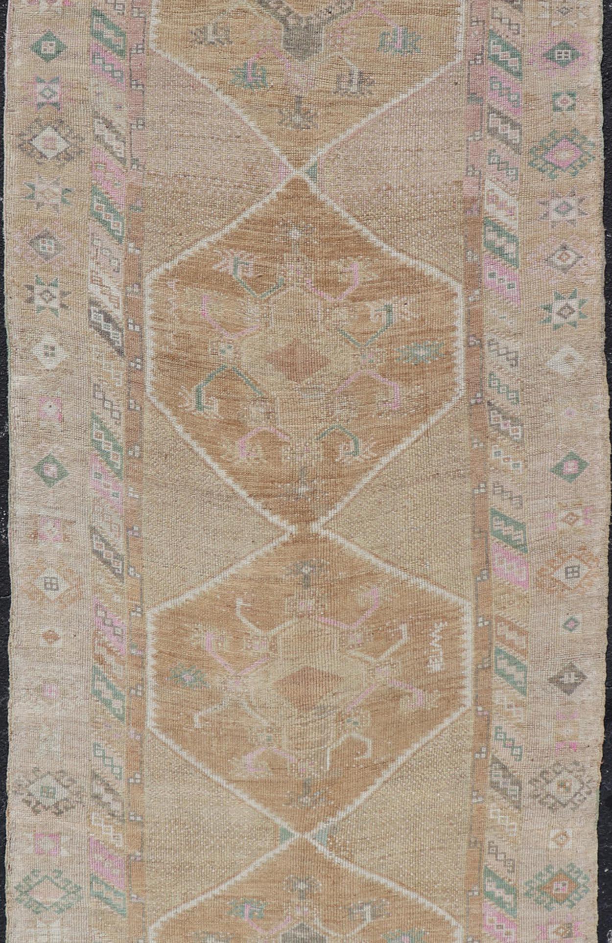 Oushak Unique & Colorful Turkish Kars Runner with Tribal Designs and Geometric Motifs For Sale