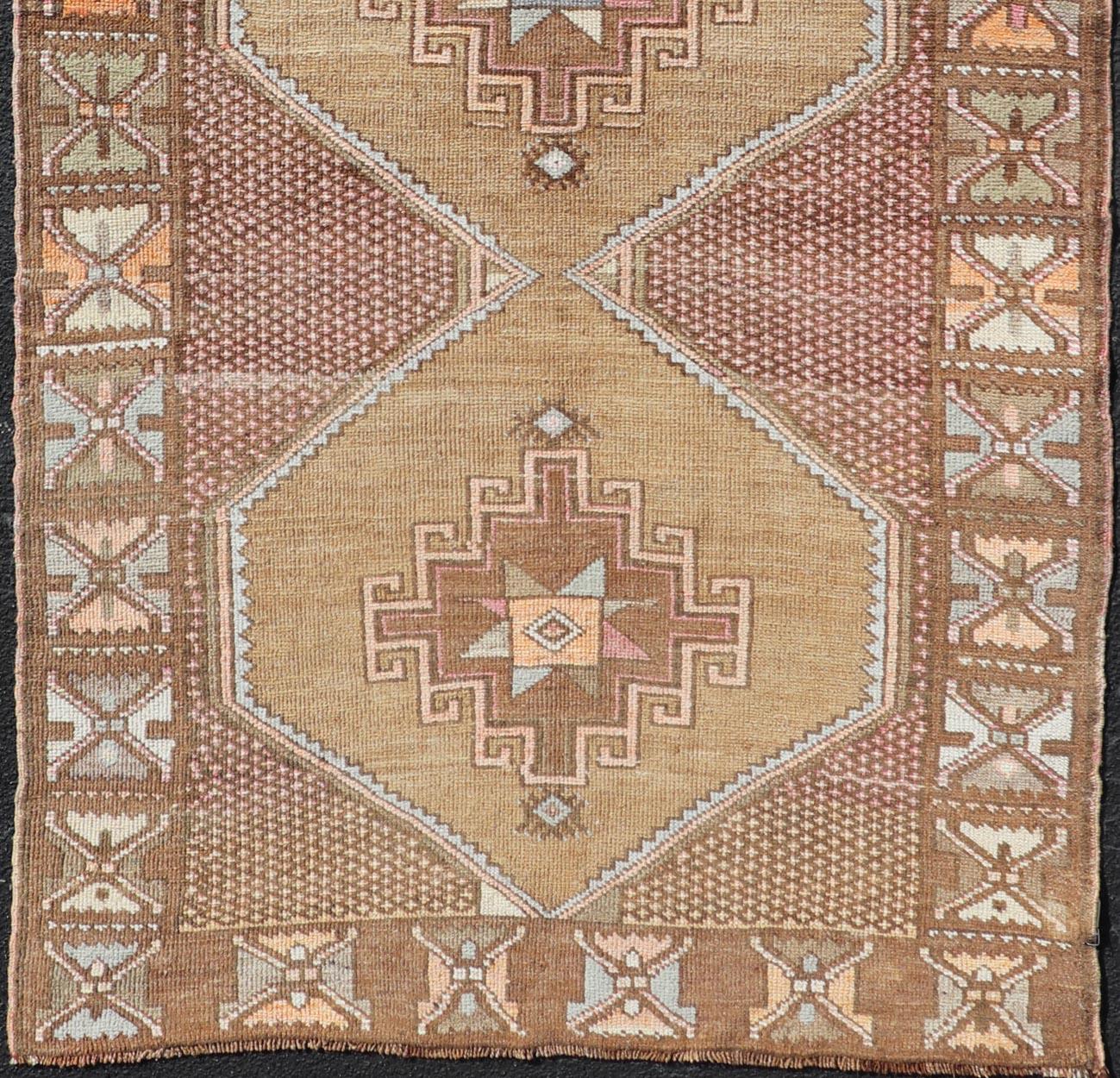 Hand-Knotted Unique & Colorful Turkish Kars Runner with Tribal Designs and Geometric Motifs For Sale