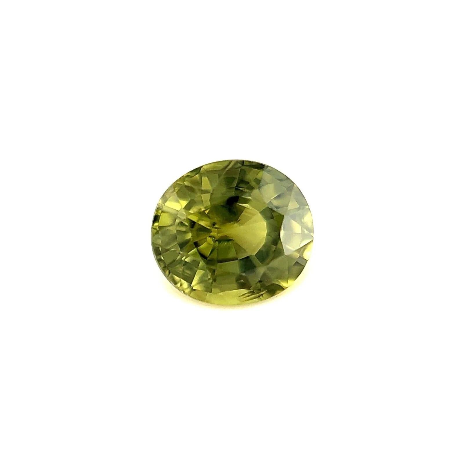 Unique Colour 0.95ct Rare Yellow Green Australian Sapphire Oval Cut 5.8x5.2mm

Fine Natural Yellow Green Sapphire Gemstone.
0.95 Carat with a unique vivid yellow green colour and good clarity, a very clean stone. Also has an excellent oval cut and