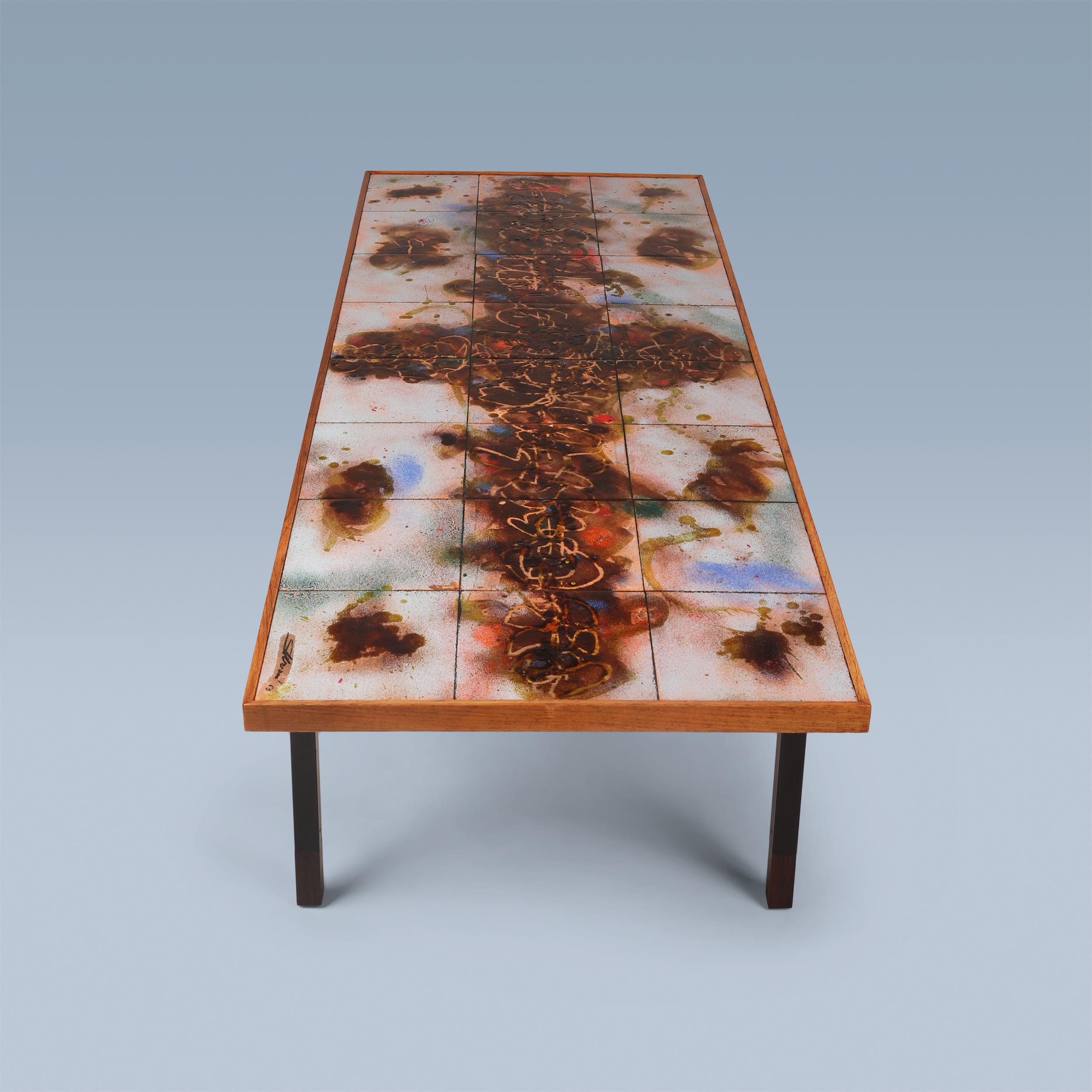 Lacquered Unique Danish coffee table with colorful tiles and lacquered black steel legs For Sale