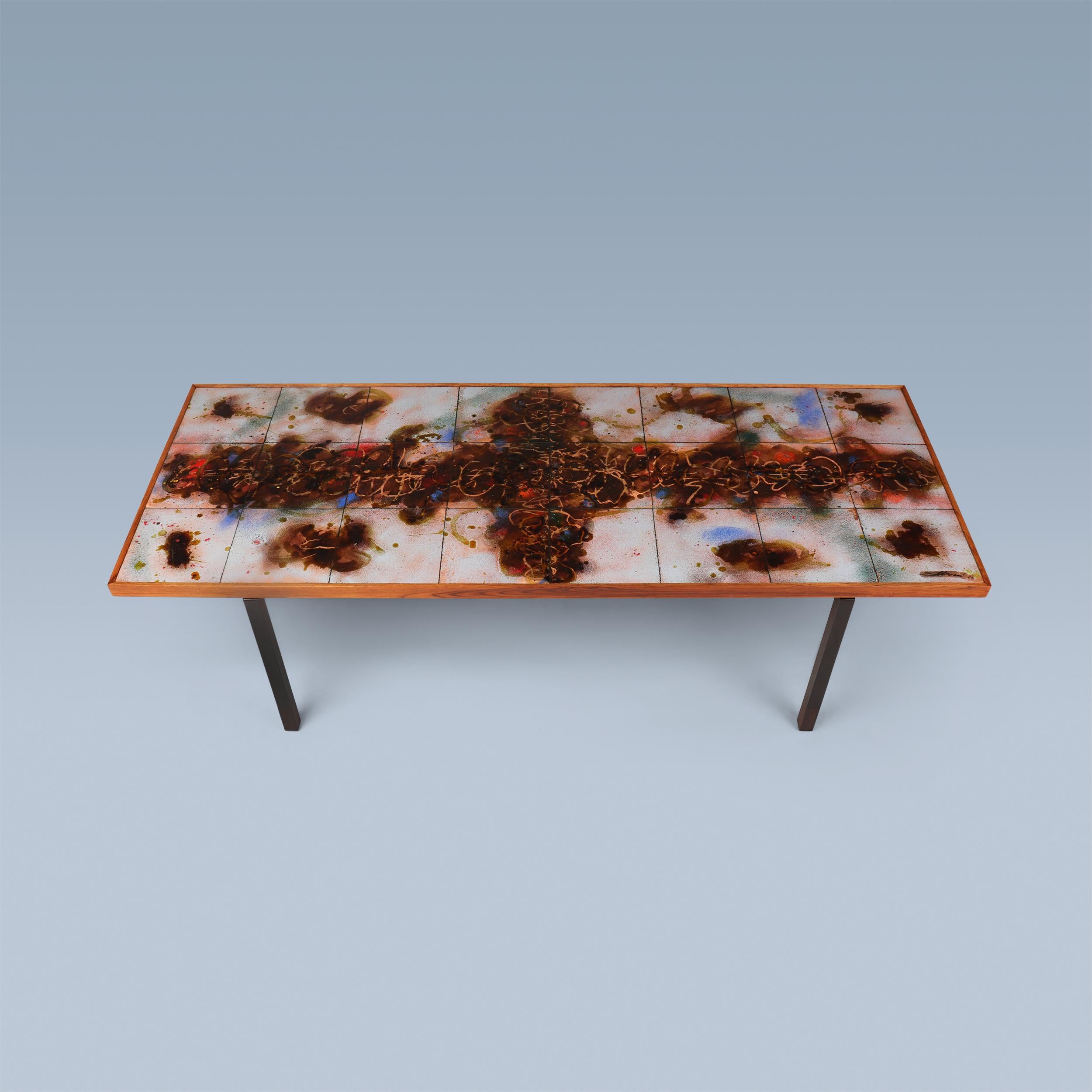 Unique Danish coffee table with colorful tiles and lacquered black steel legs For Sale 1