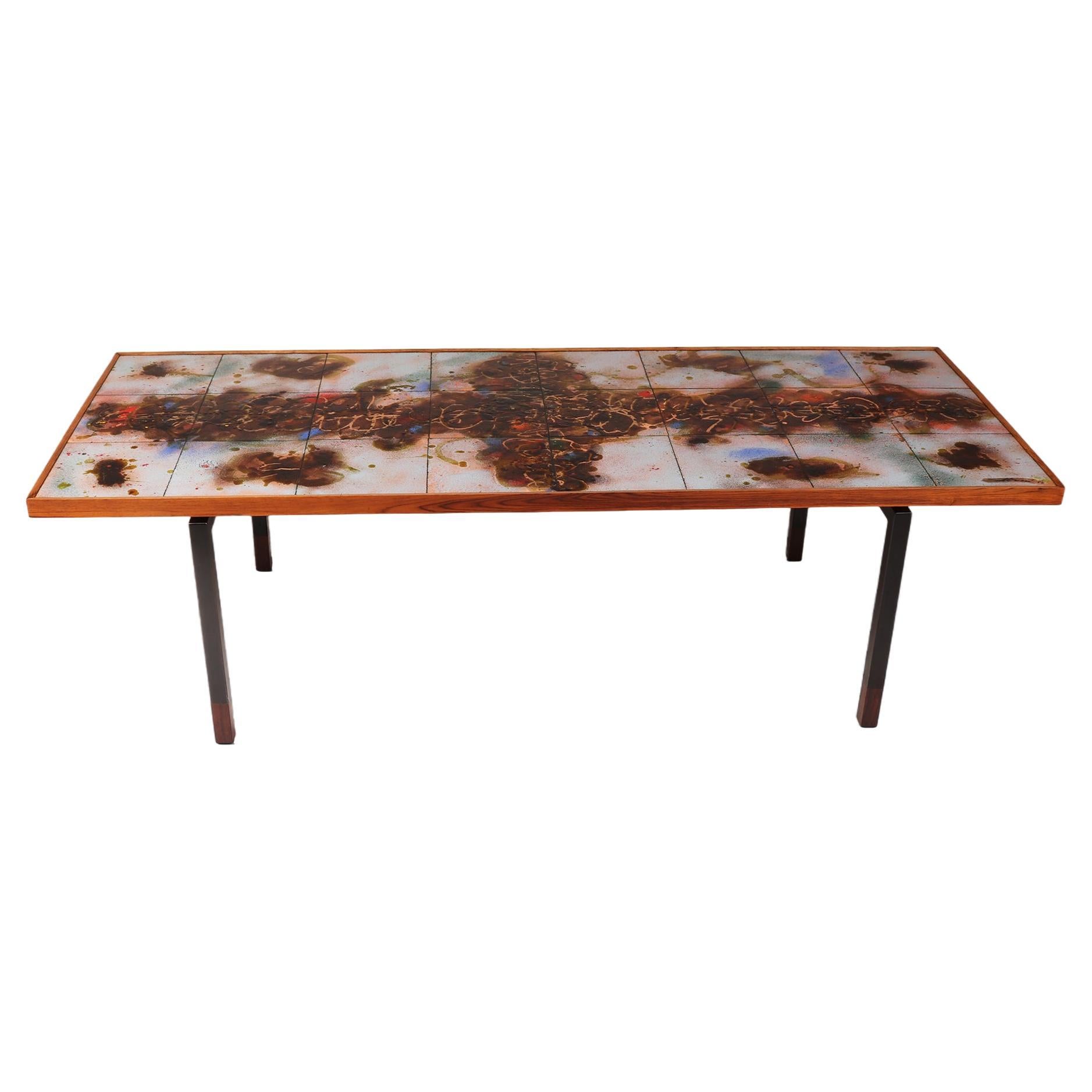 Unique Danish coffee table with colorful tiles and lacquered black steel legs For Sale