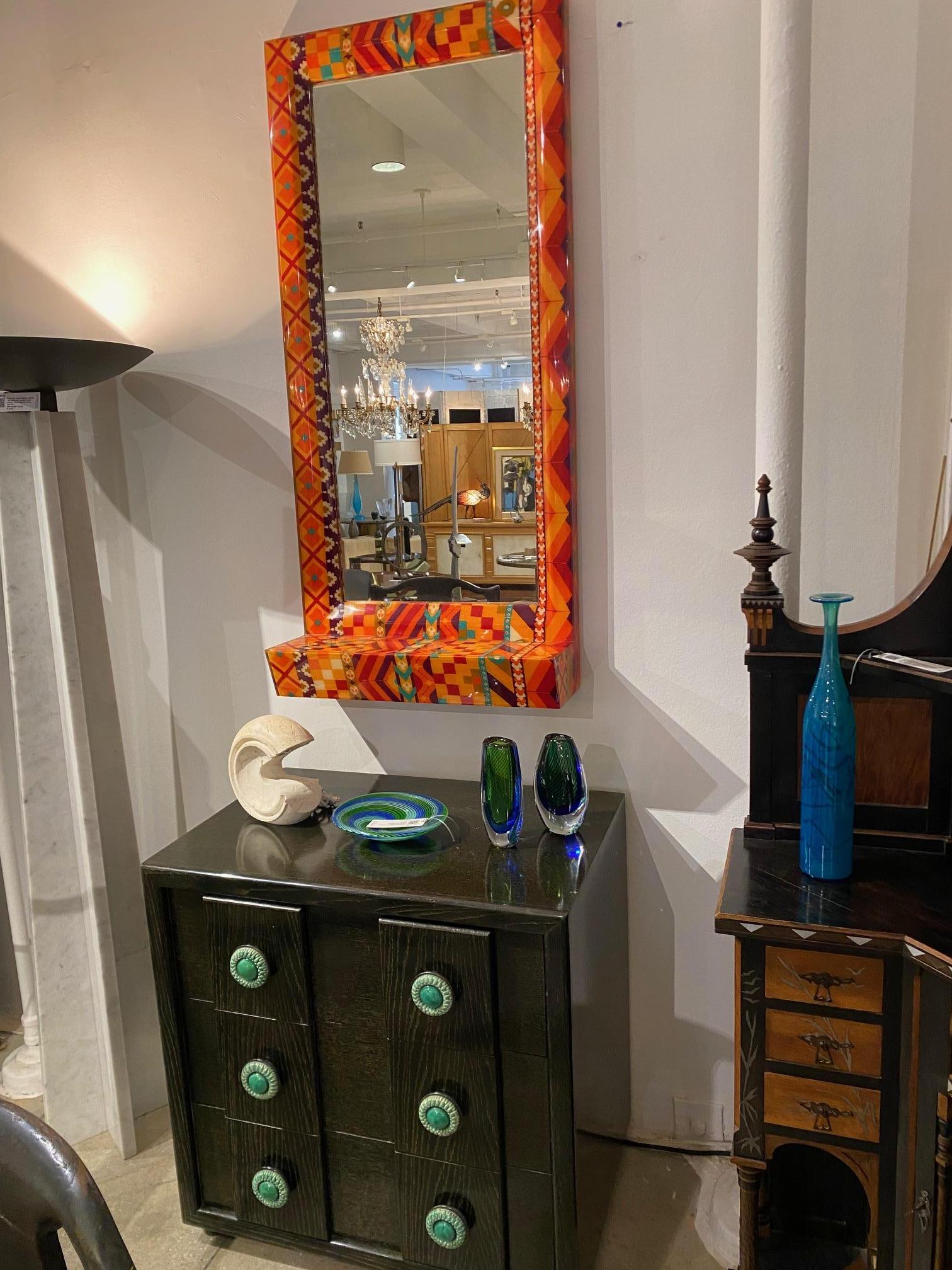 Unique Colourful  Lacquered Fabric Mirror by Karl Springer For Sale 9