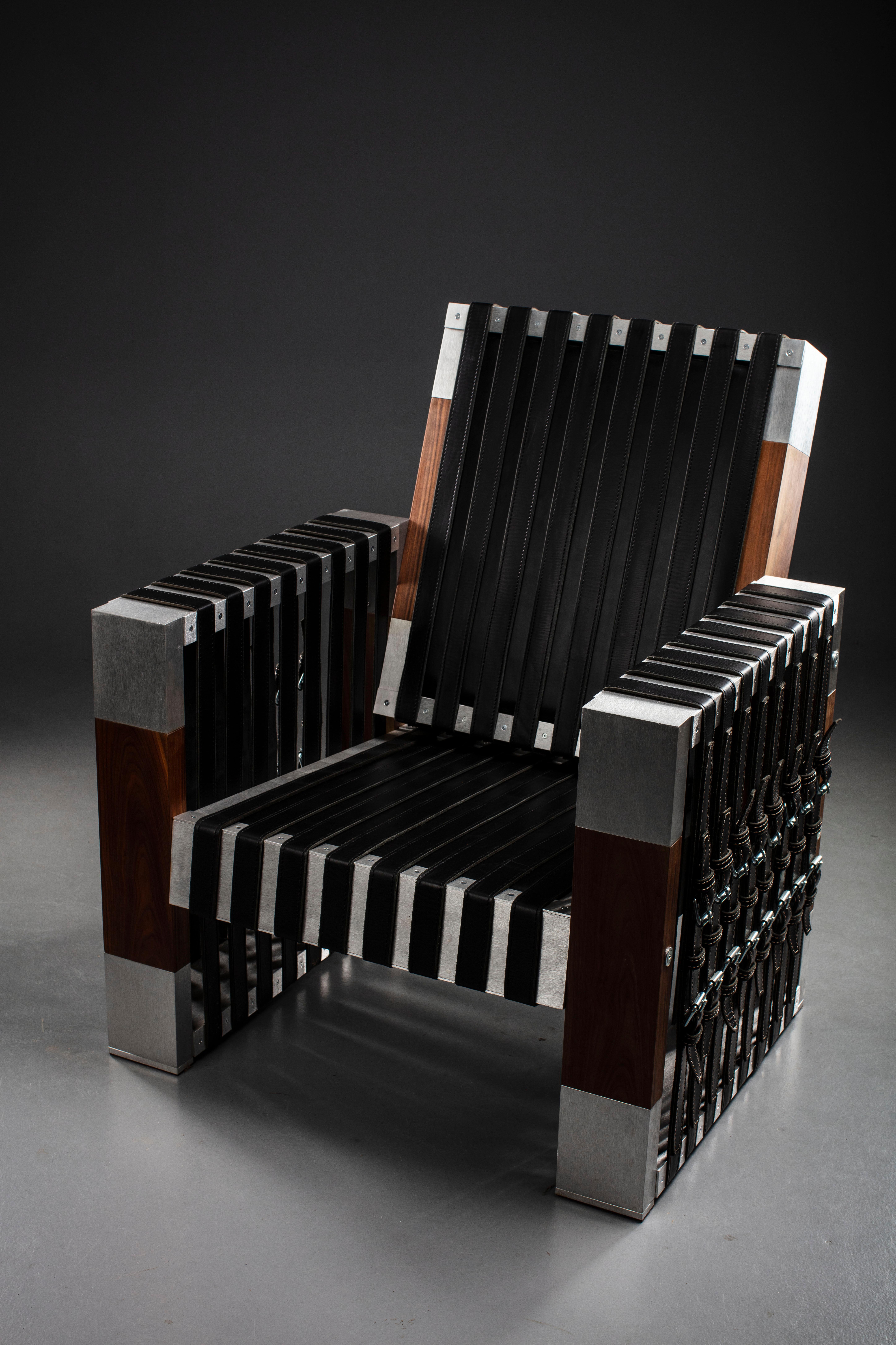 Hungarian Unique Conceptual Design Armchair of Leather and Walnut, with Brushed Aluminum