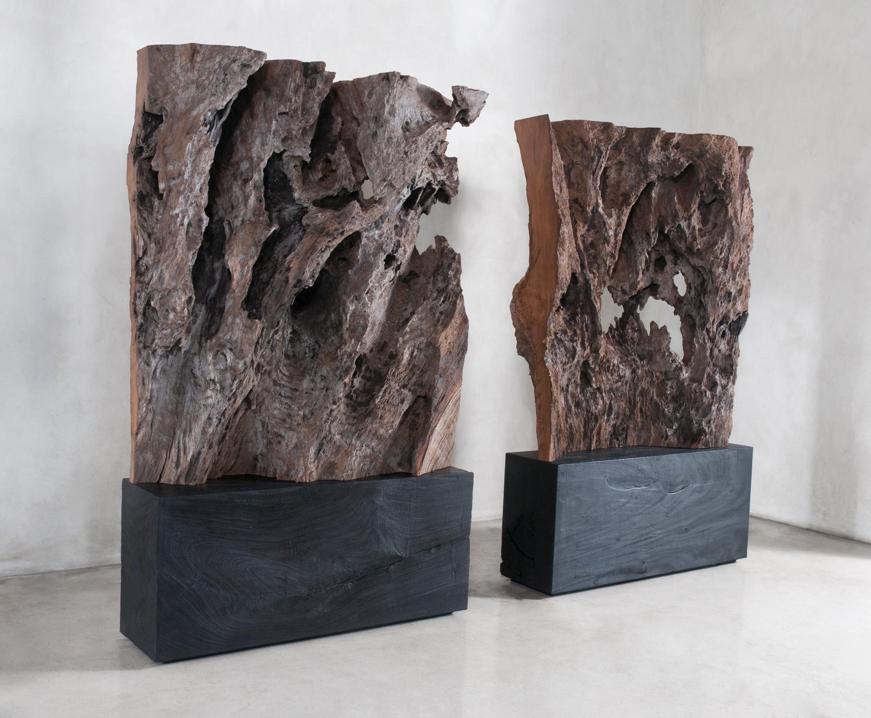 Impressive pair of highly tactile ironwood sculptures. The craggy formation of reclaimed ironwood ensures dramatic visual impact. Each is signed with the artist's monogram 'JAS' and is supported by blackened Suar wood plinths.

Jérome Abel Seguin