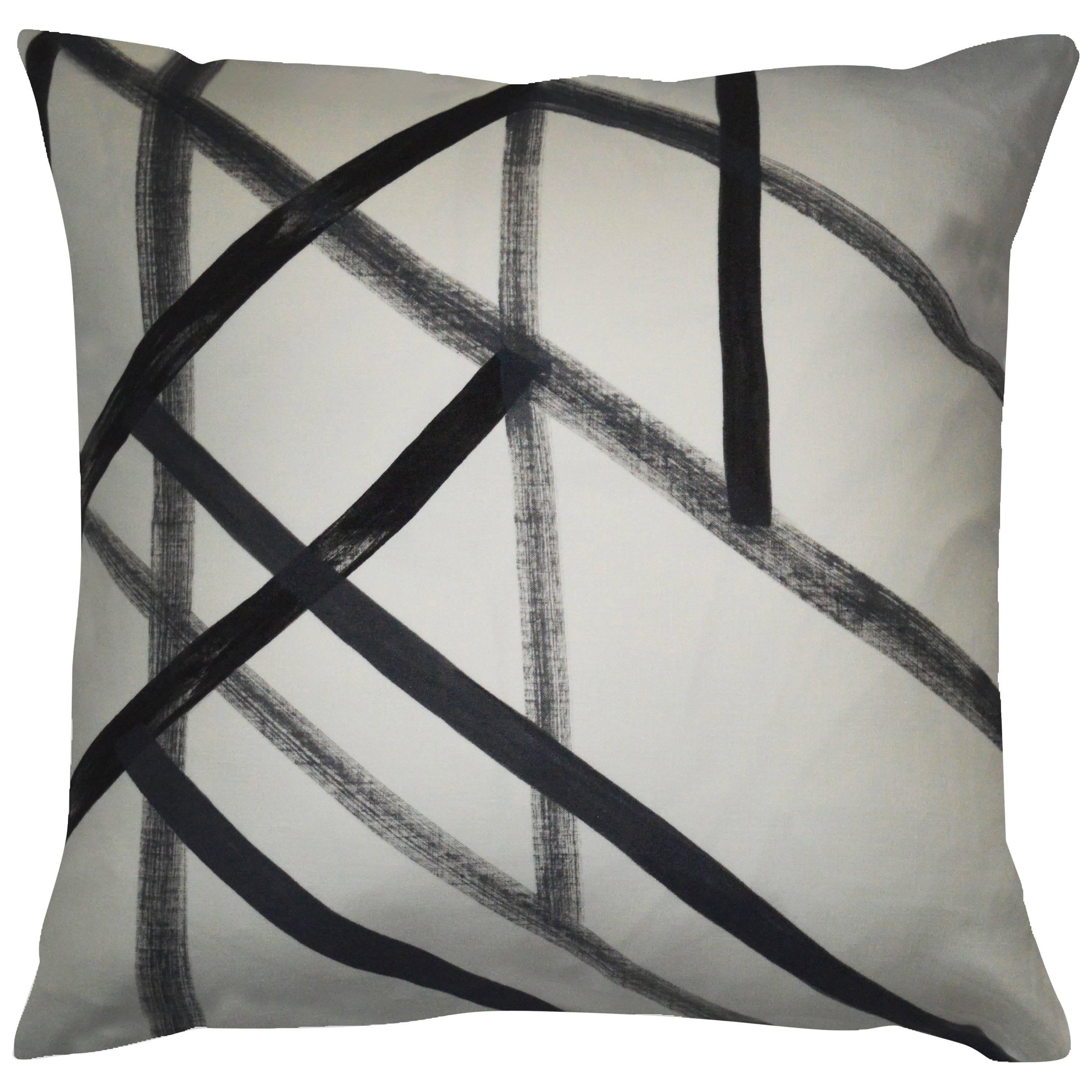 Unique Contemporary Double-Sided Black and White Sticks Handmade Linen Pillow For Sale