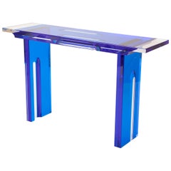 Unique Contemporary Lucite Console Table in Cobalt and Clear Lucite