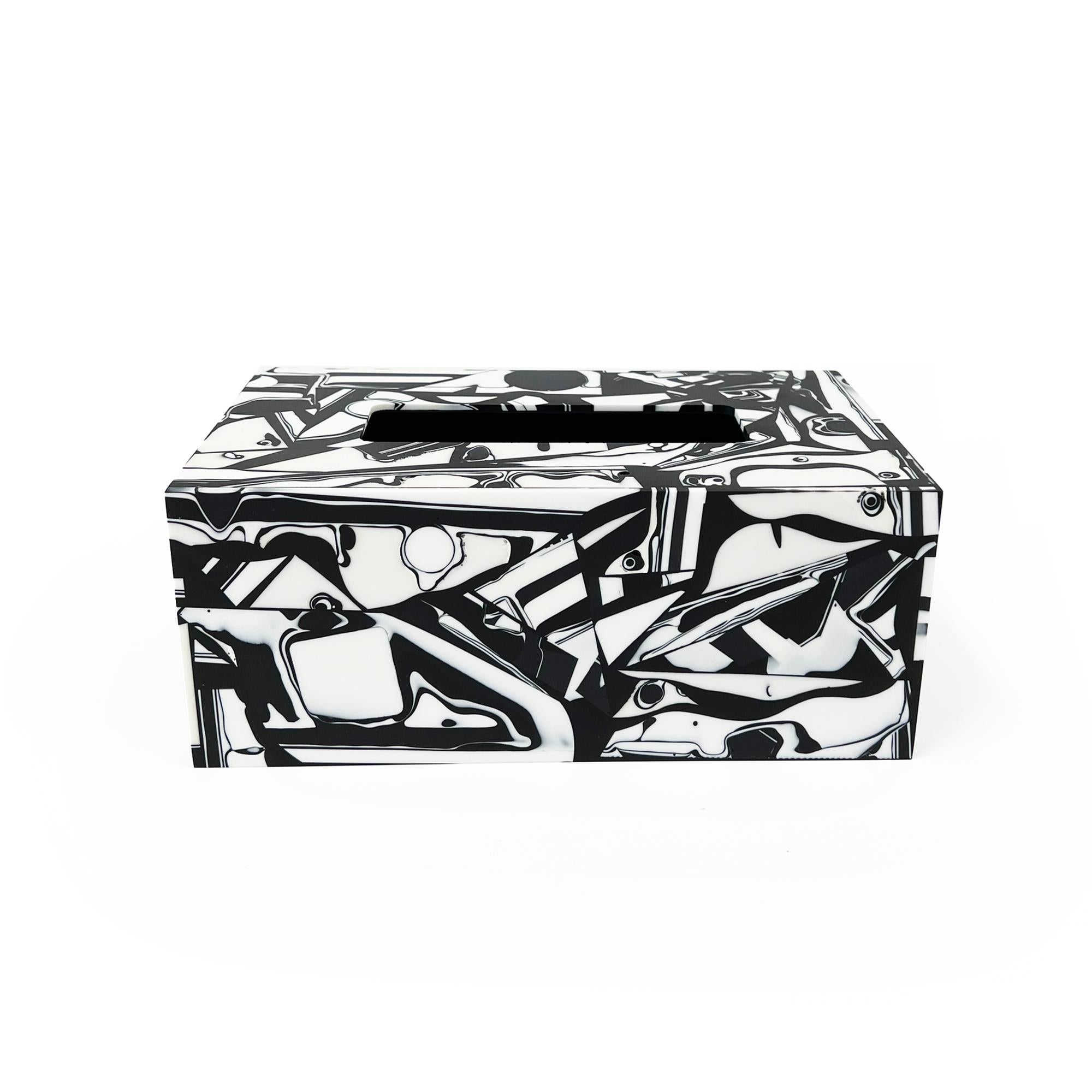American Unique Contemporary Resin Black and White Tissue Box Cover by Elyse Graham For Sale