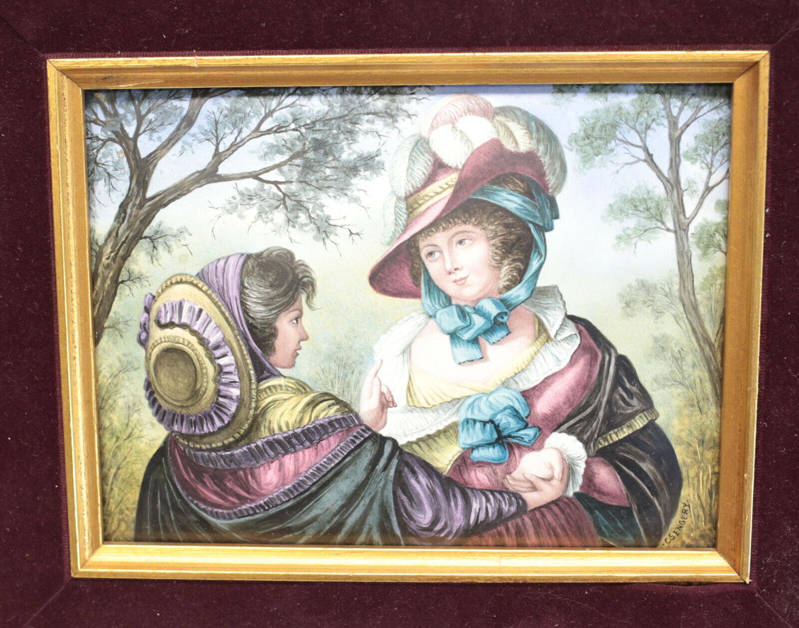 Unique Continental Enamel on Curved Copper Plaque, 19th century or Earlier.

Charming hand painted plaque period era women in the woods. Signed CS ENGERY to the lower right hand corner. Framed in a velvet rimmed frame.

Additional