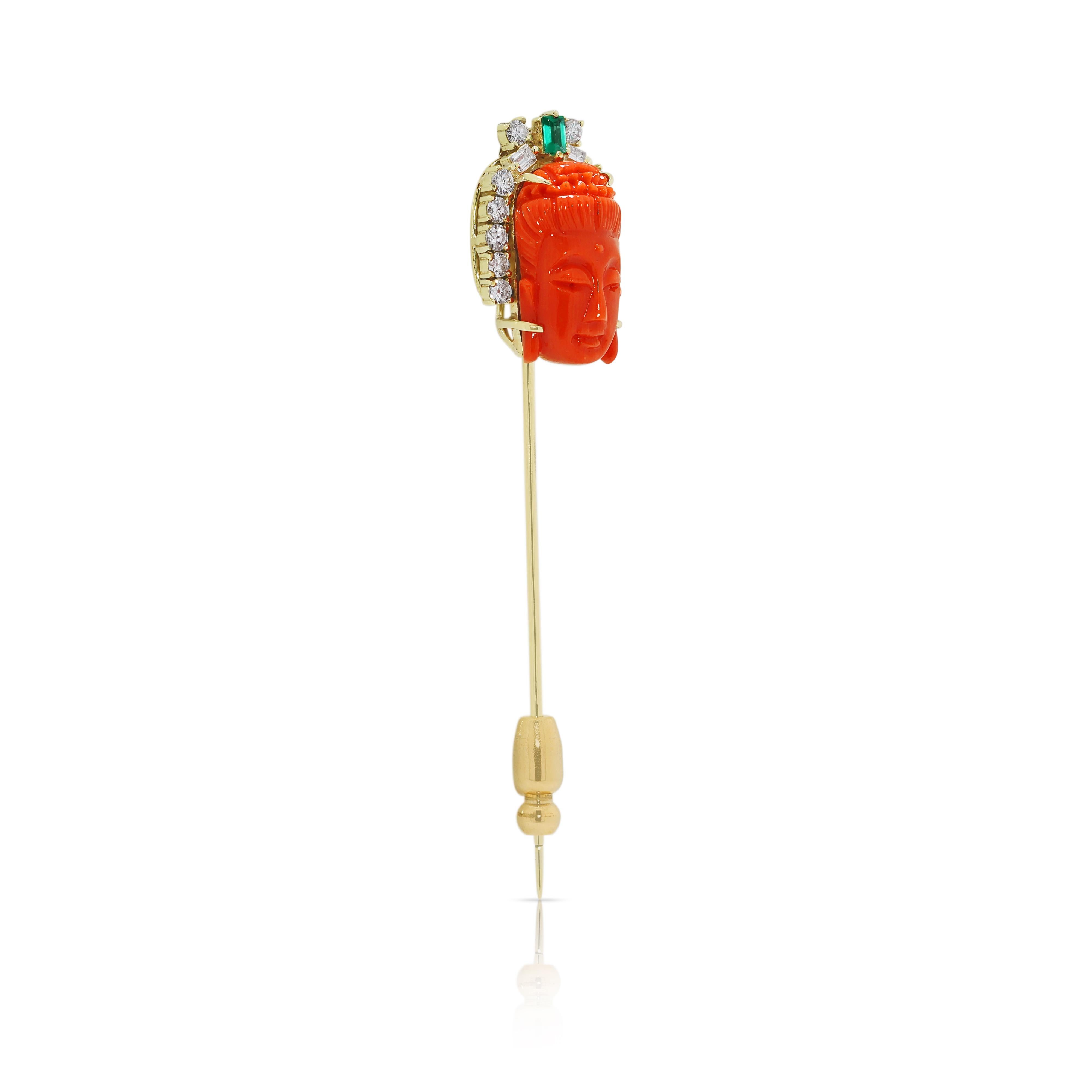 Einzigartige Koralle & 0,46ct natürlicher Diamant Brosche in 14K Gelbgold im Zustand „Hervorragend“ im Angebot in רמת גן, IL