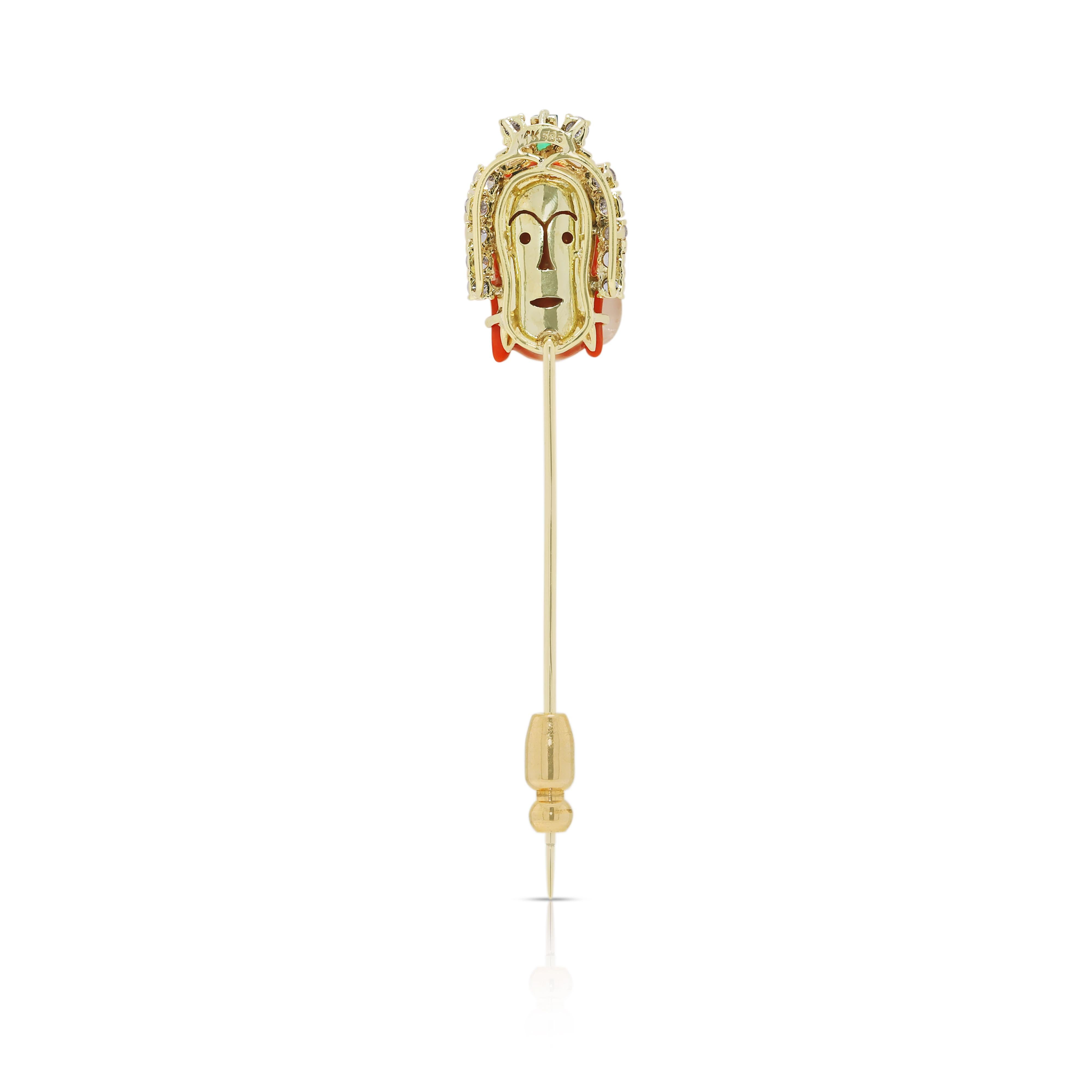 Einzigartige Koralle & 0,46ct natürlicher Diamant Brosche in 14K Gelbgold im Angebot 1