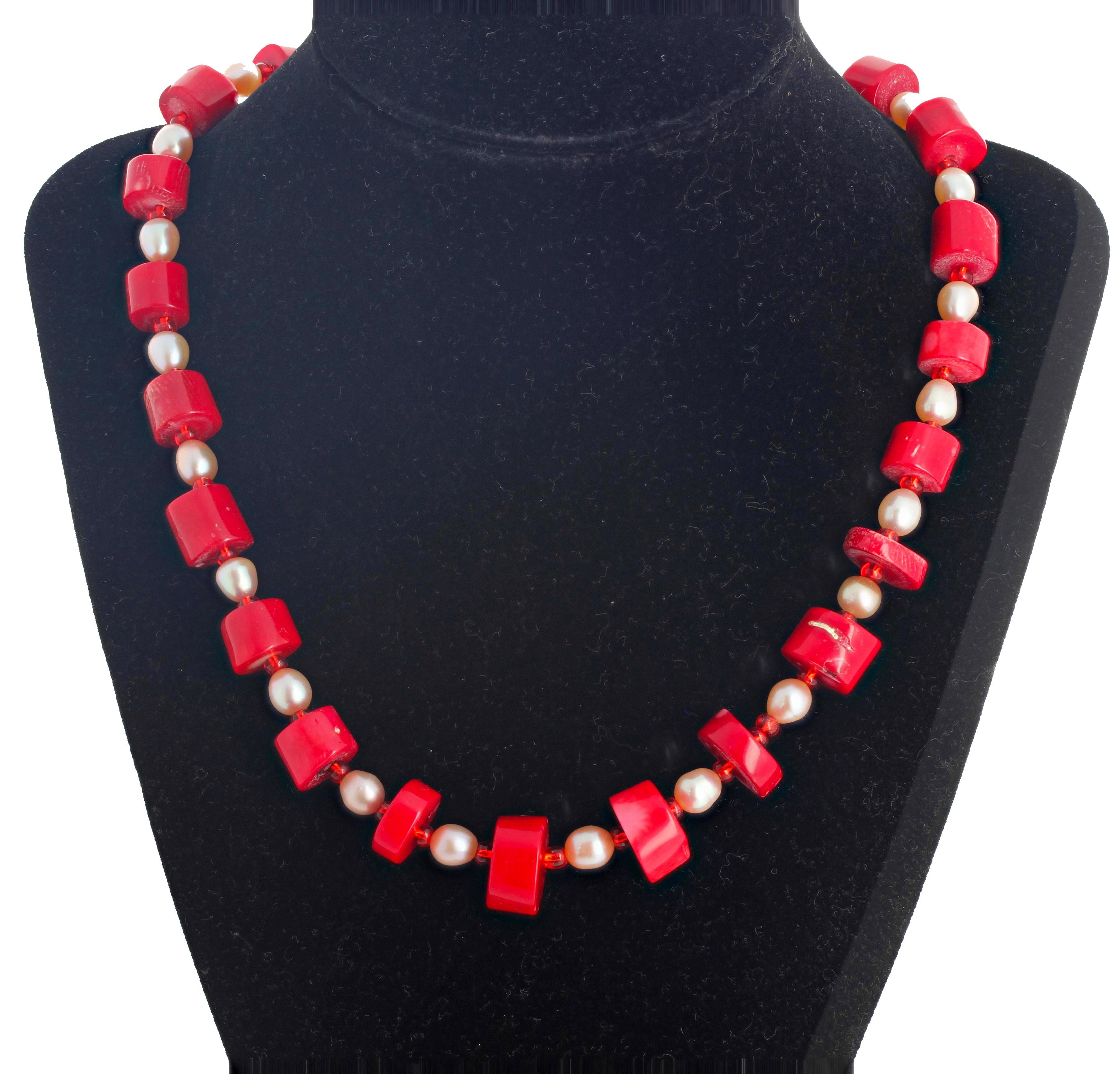 Unique natural red Bamboo Coral enhanced with real cultured Pearls and accented with little sparkling crystals set in this 18 inch long necklace with easy to use goldy hook clasp.  The largest Coral is approximately 15 mm.  