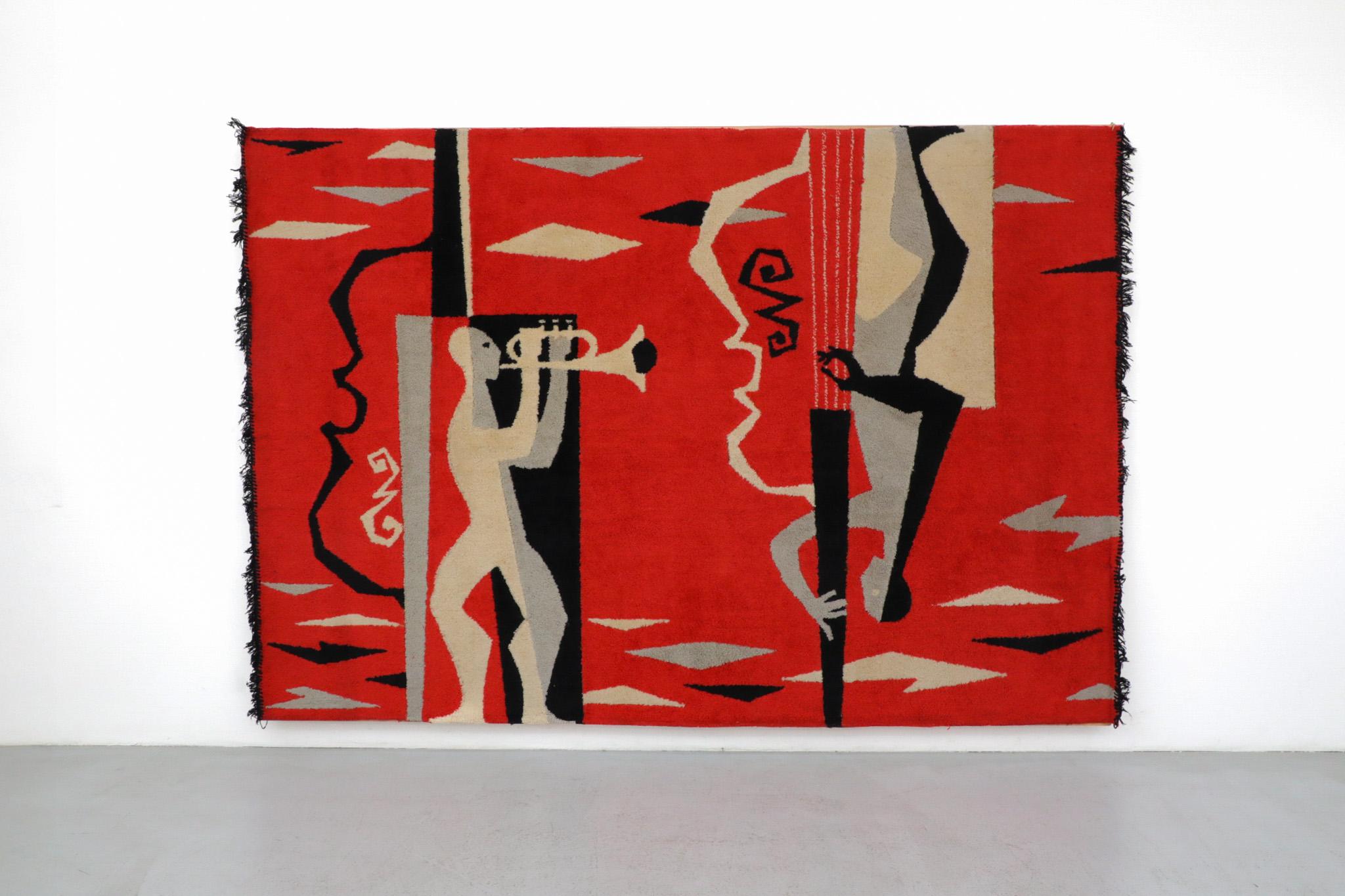 A stunning Mid-Century tapestry or carpet from the 1950s, professionally mounted on wood stretcher boards. This captivating piece is uniquely inspired by characters found in Le Corbusier's seminal 1948 book 'Modulor', vividly depicting two cubist