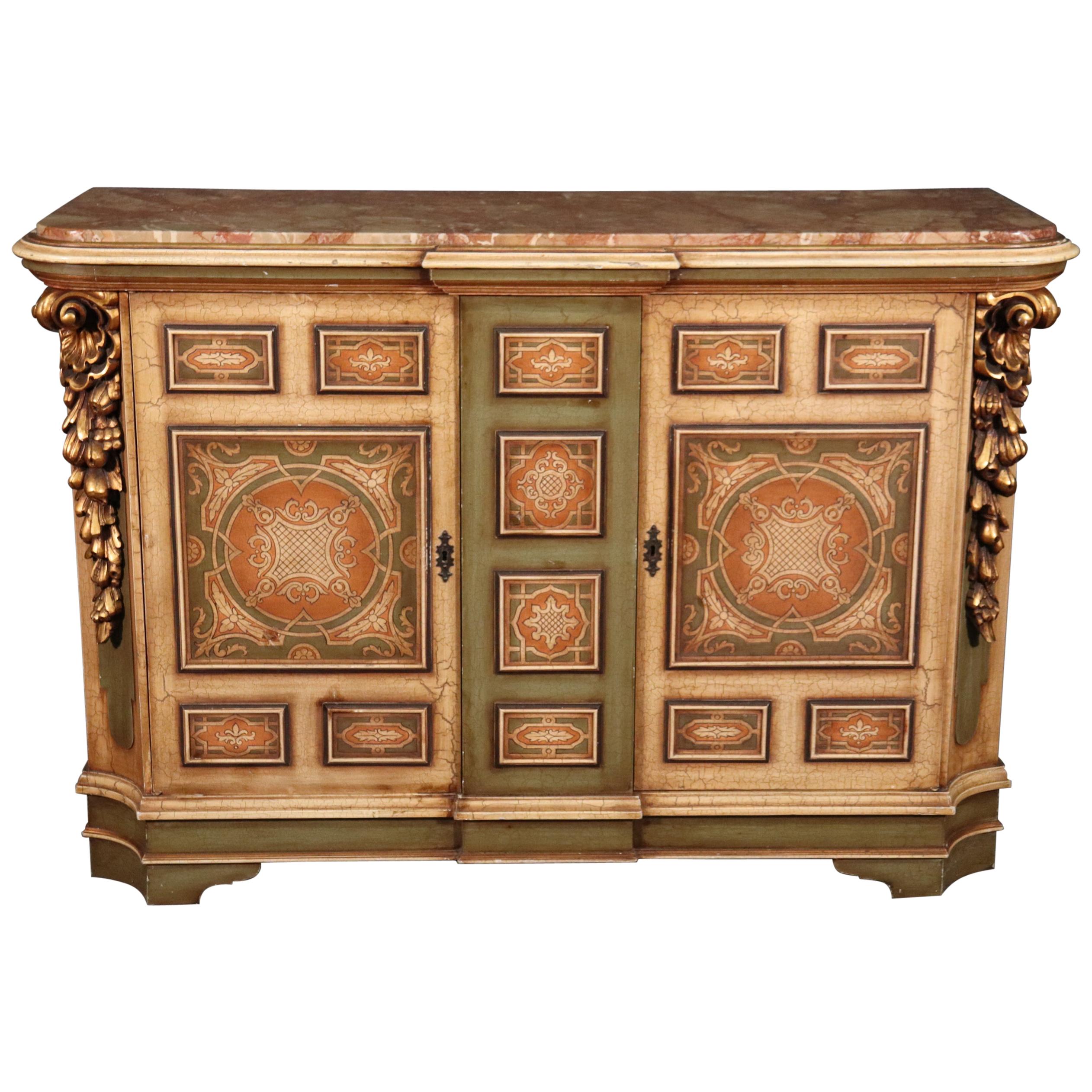 Unique Crackle Finished Gilded Marble Top Venetian Style Buffet Sideboard