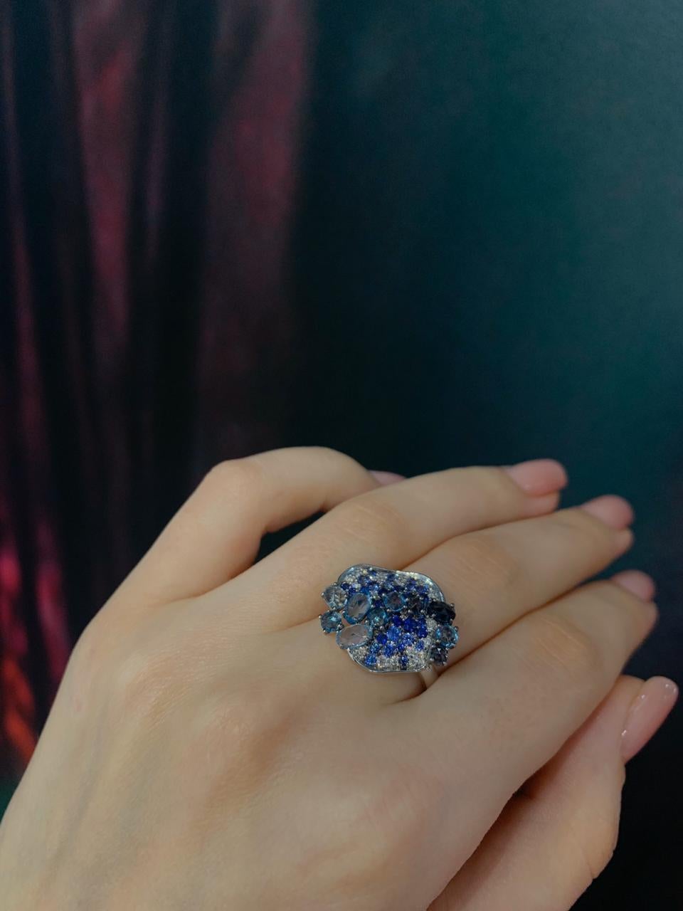 Designer-Ring, einzigartige Kreation, Diamant, blauer Saphir, 1 Karat Topas Damen im Angebot