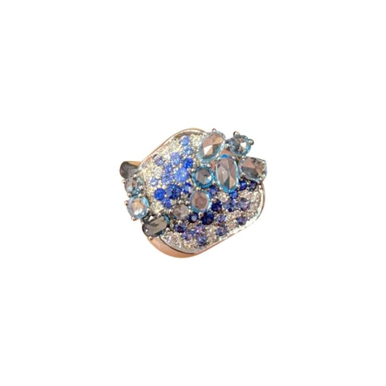 Designer-Ring, einzigartige Kreation, Diamant, blauer Saphir, 1 Karat Topas im Angebot