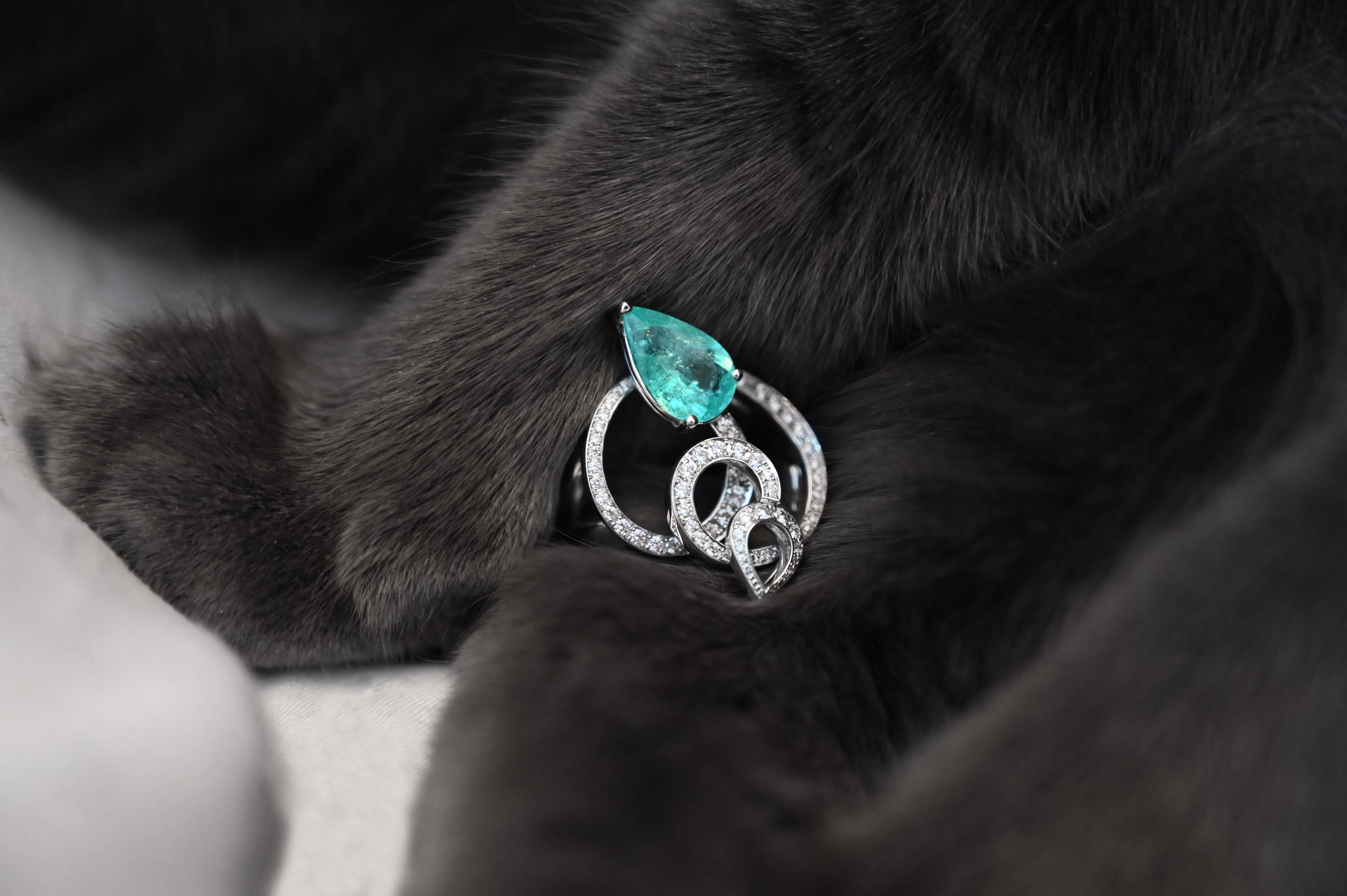 Pear Cut Unique creation in 18k white gold, Paraiba tourmaline and natural diamonds For Sale