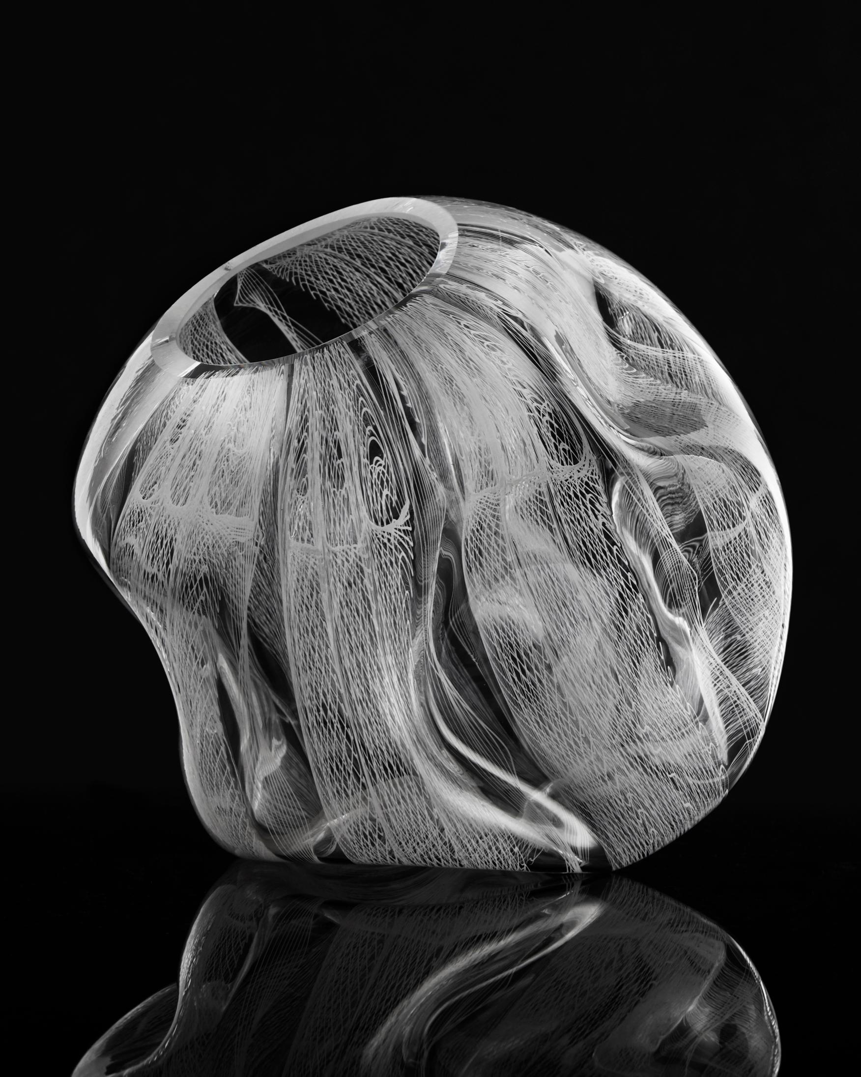 Unique crumpled sculptural vessel in hand blown filigree glass. Designed and made by Jeff Zimmerman and James Mongrain, USA, 2019.