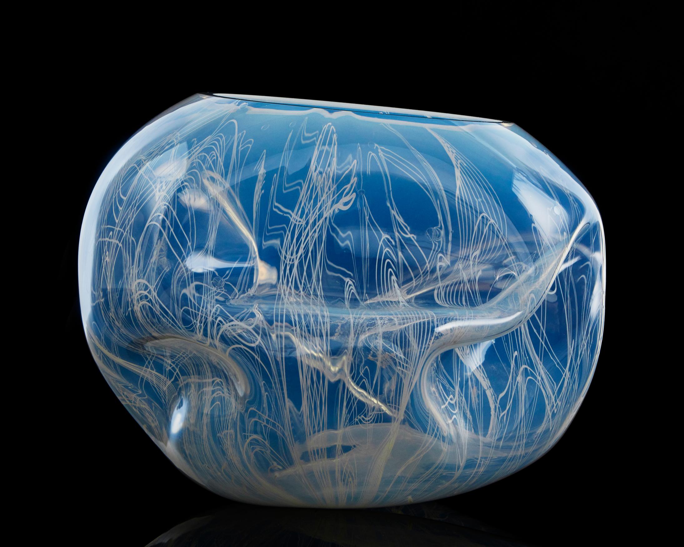 Unique crumpled sculptural vessel in hand blown filigree glass. Designed and made by Jeff Zimmerman and James Mongrain, USA, 2019.