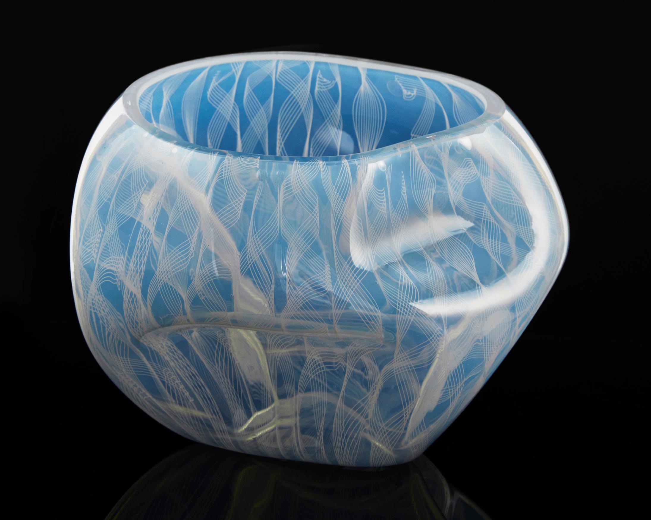 Unique crumpled sculptural vessel in hand-blown filigree glass. Designed and made by Jeff Zimmerman and James Mongrain, USA, 2019.
