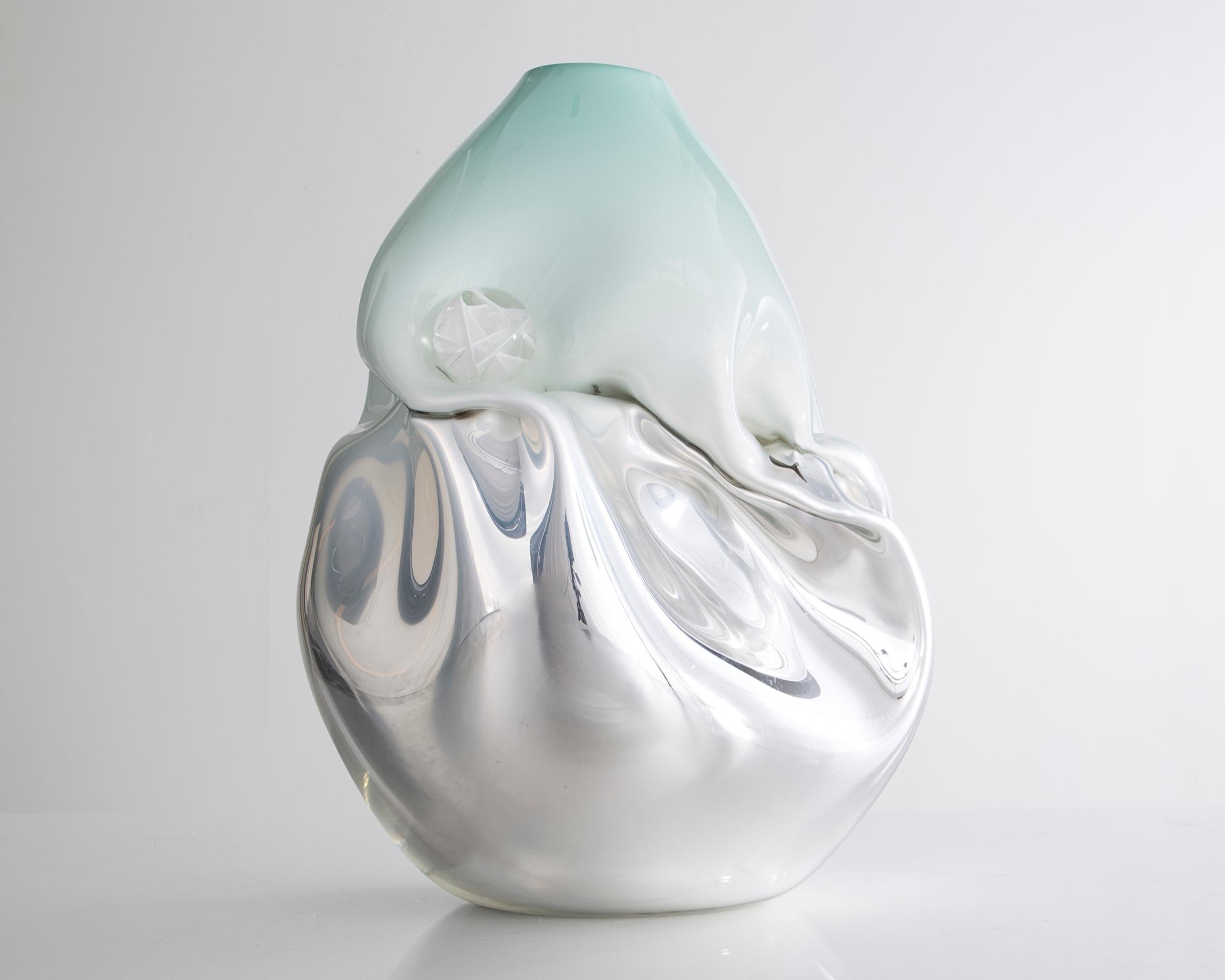 American Unique Crumpled Vessel in Silver Mirrored Glass by Jeff Zimmerman, 2010