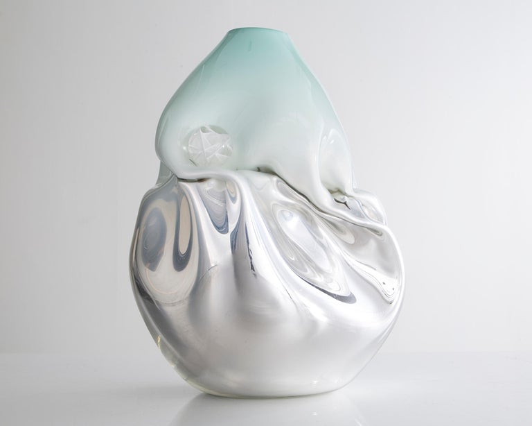 American Unique Crumpled Vessel in Silver Mirrored Glass by Jeff Zimmerman, 2010 For Sale