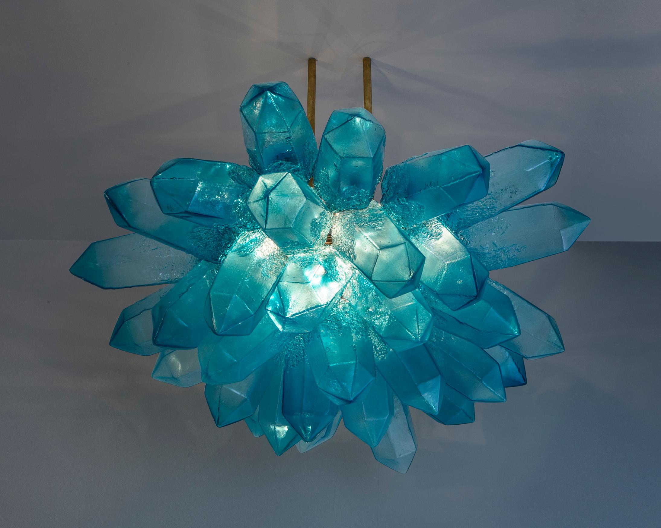 Made to order crystal cluster illuminated sculpture in blue hand blown glass. Designed and made by Jeff Zimmerman. Lead time 14-16 weeks. 